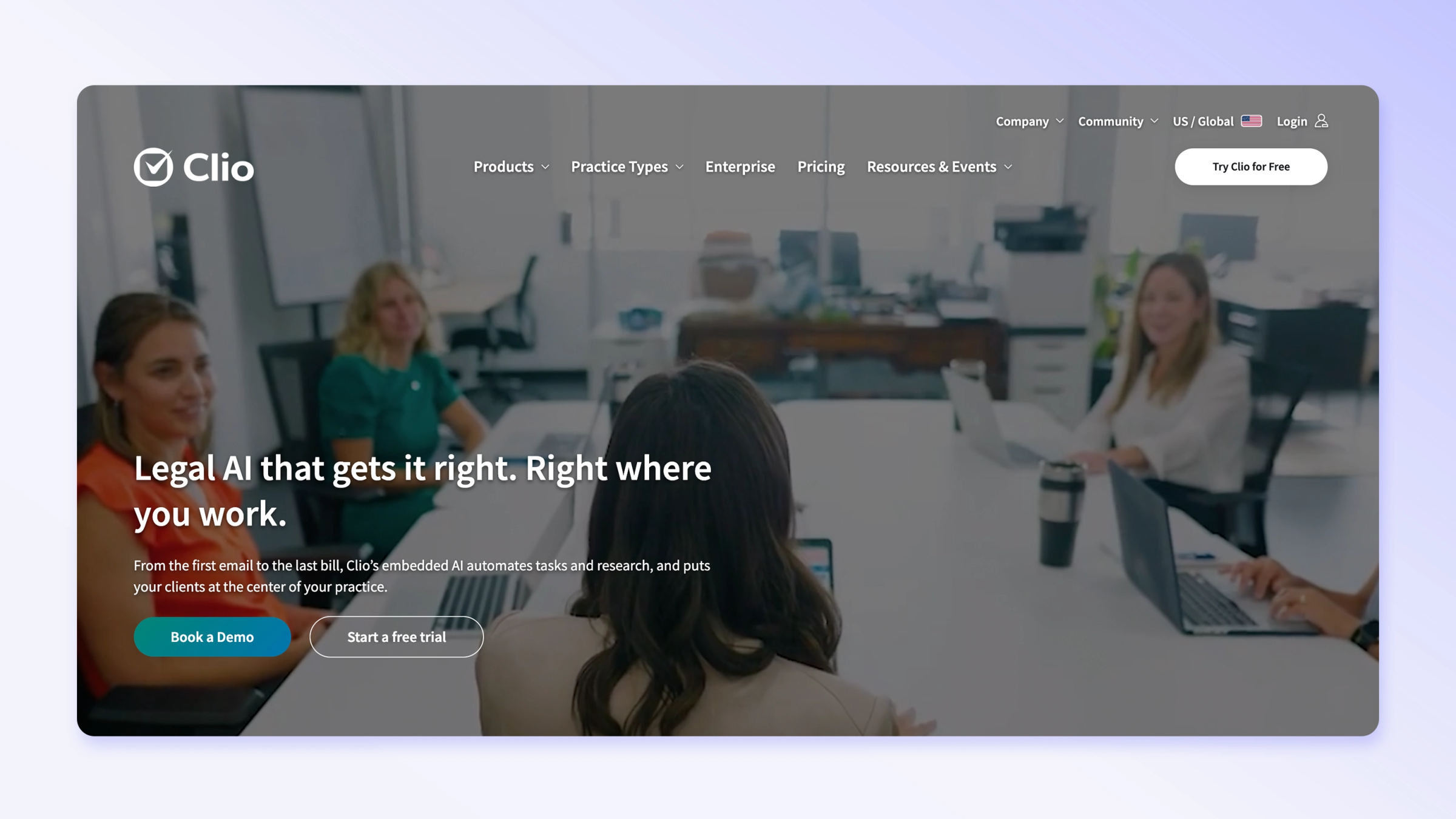 Screenshot of the Clio website homepage