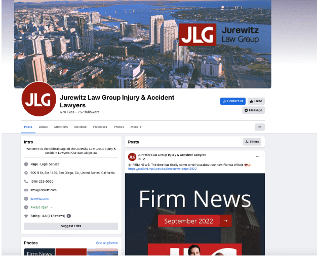 Below is a good example from personal injury firm Jurewitz Law Group. Notice how they use only rich images with their branding in their header image, main photo, and even on their organic post. 