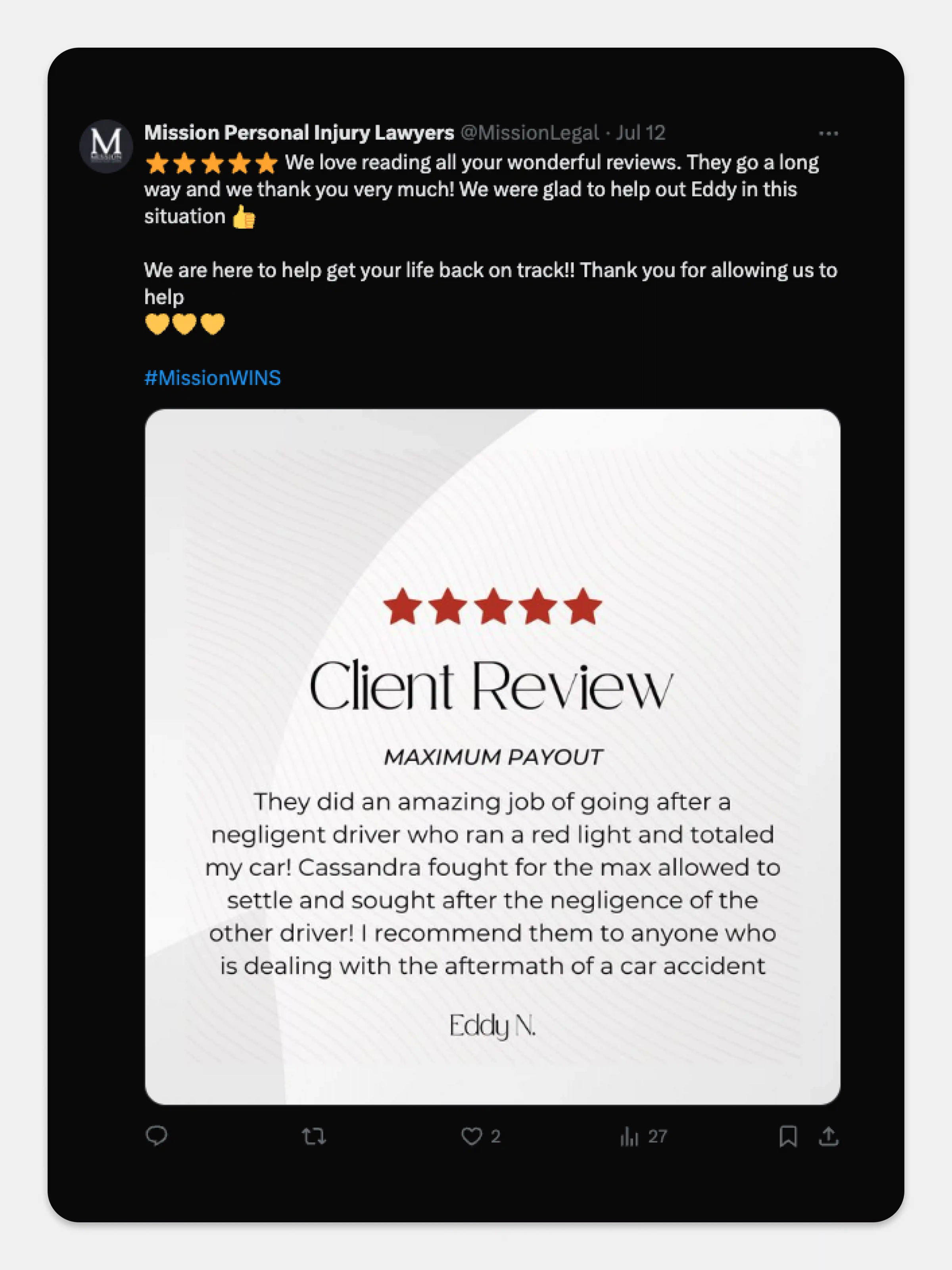 Mission Personal Injury Lawyer X Post Example