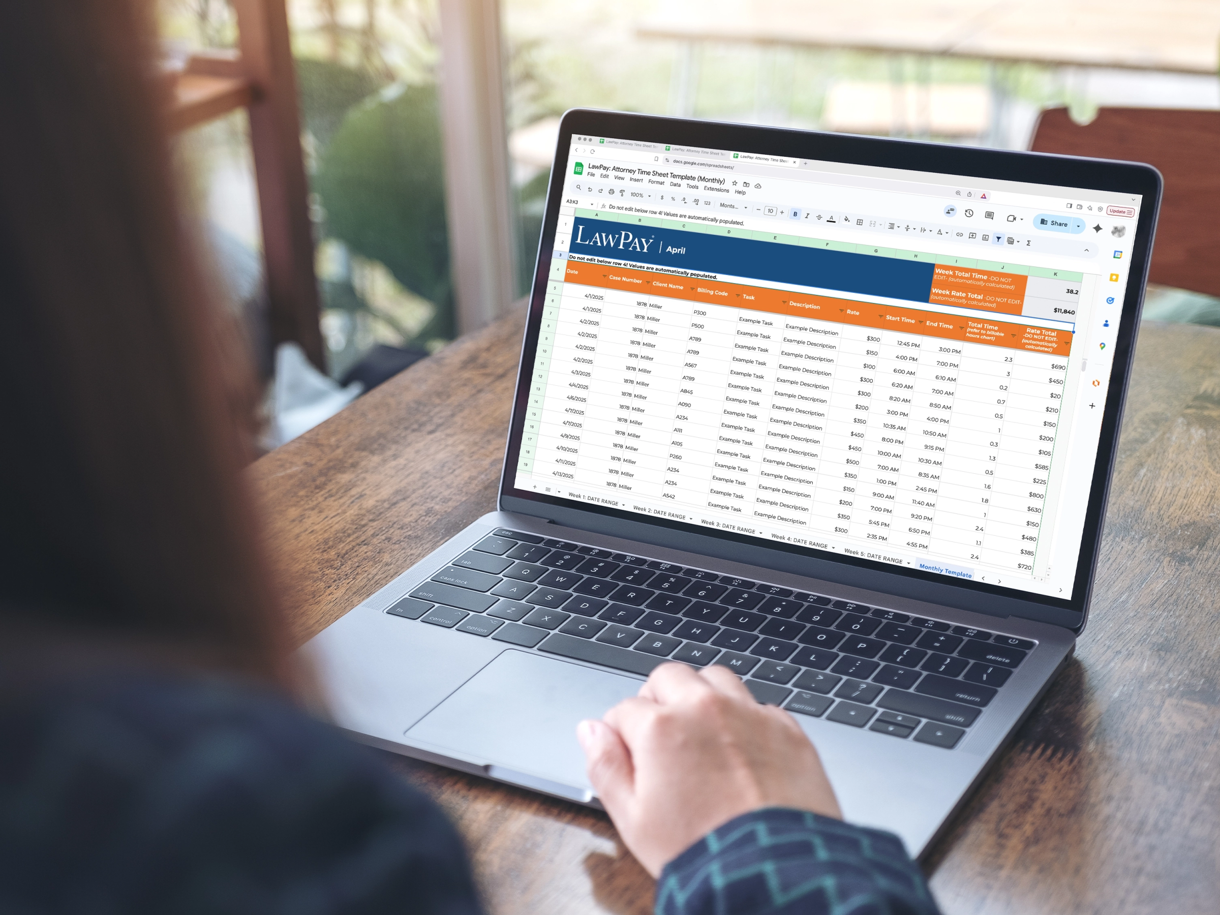 Mockup of the monthly attorney time sheet template