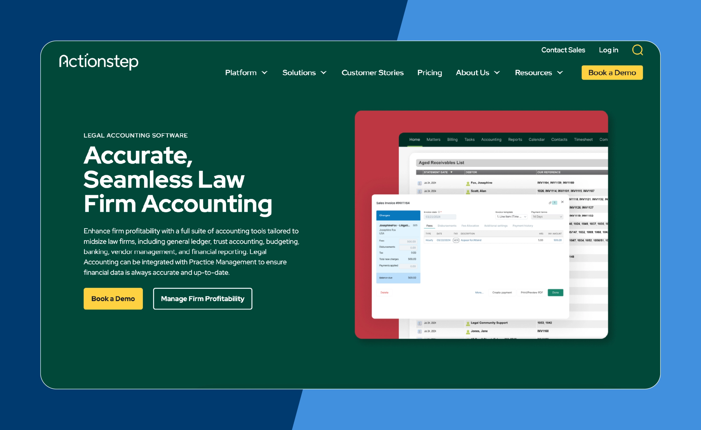 Screenshot of ActionStep’s law firm accounting landing page
