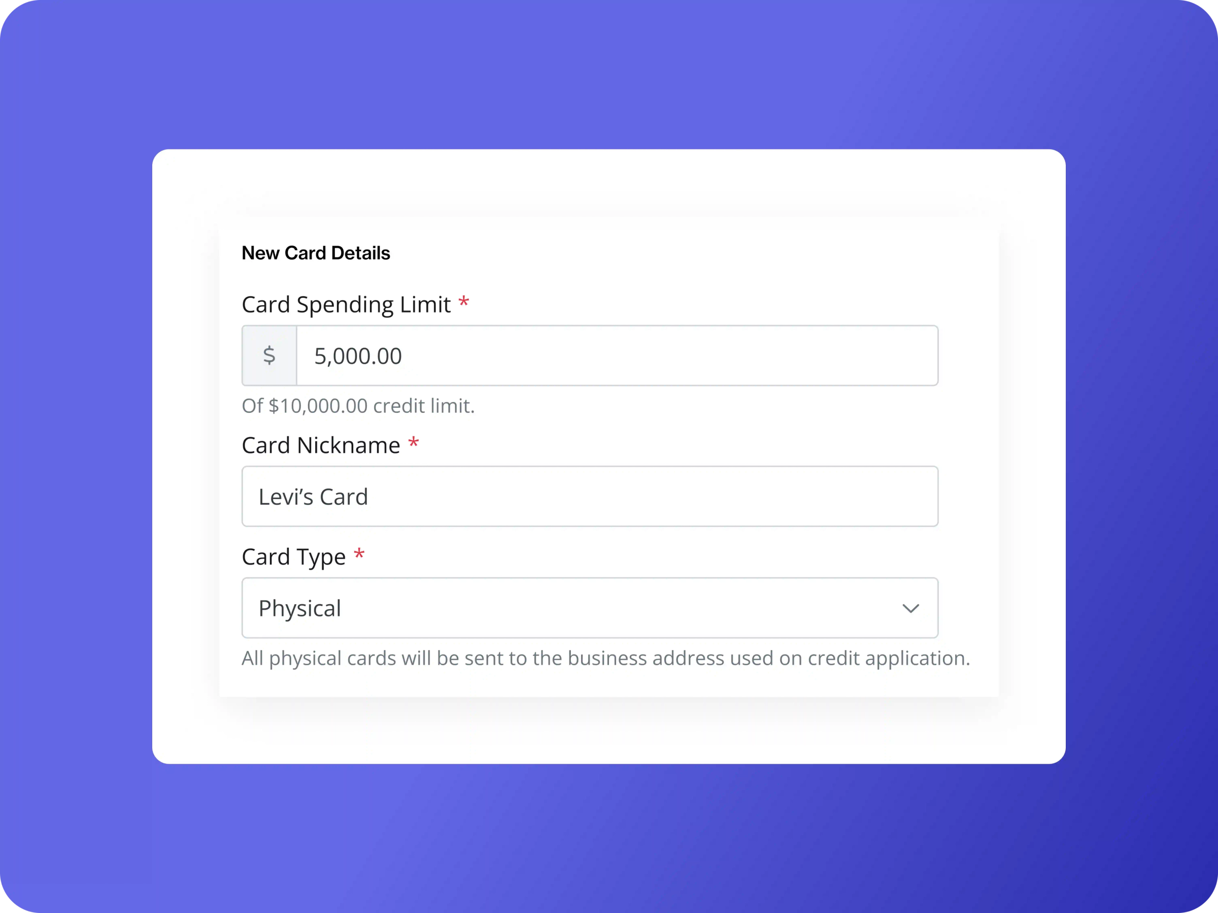 Card details: Spending limit, nickname, and type