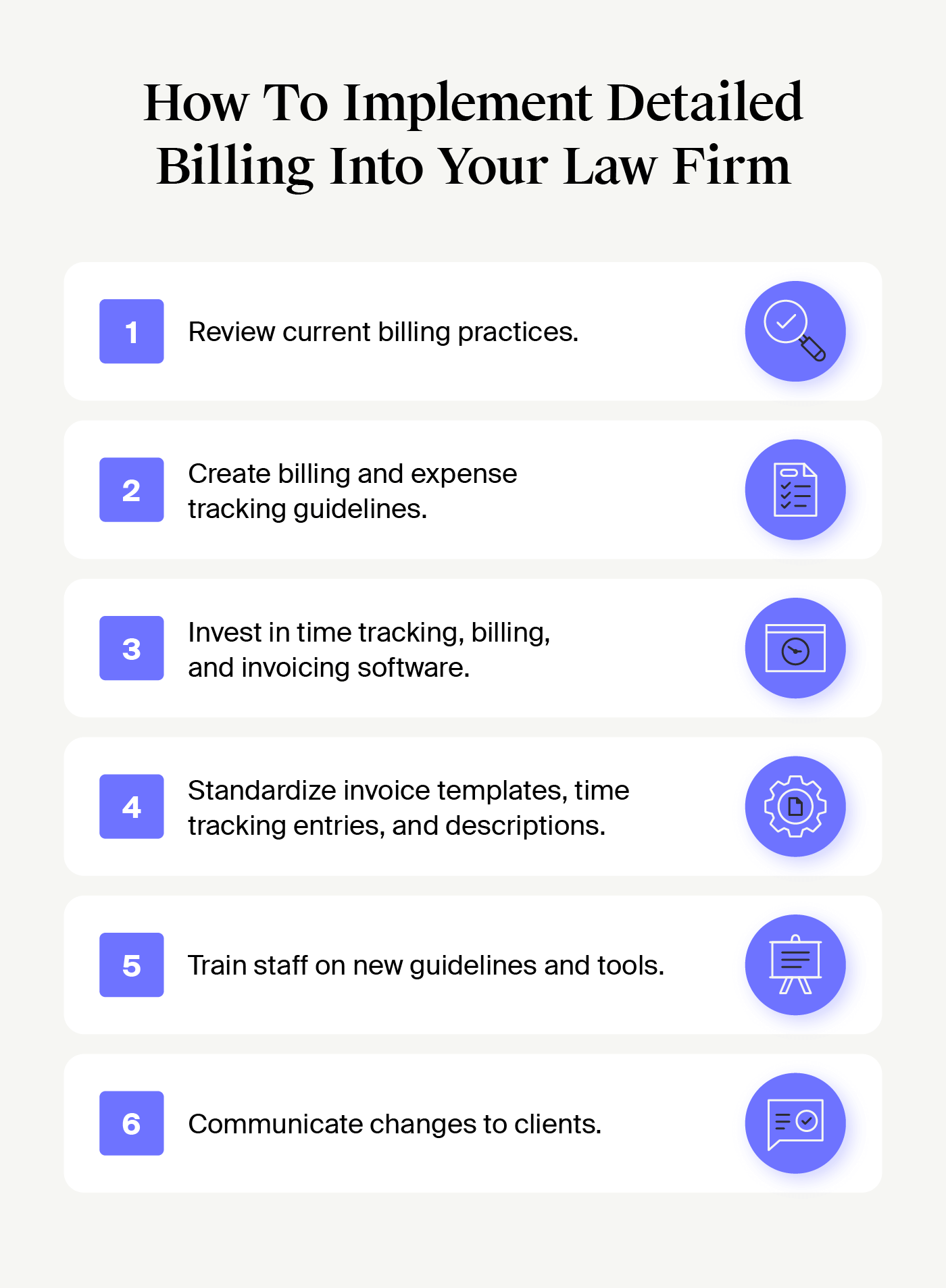 List of steps to implement more detailed billing practices in a law firm