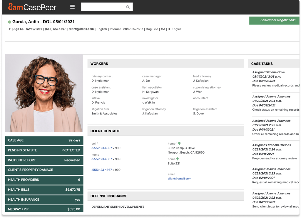 8am CasePeer dashboard showing various information about a case