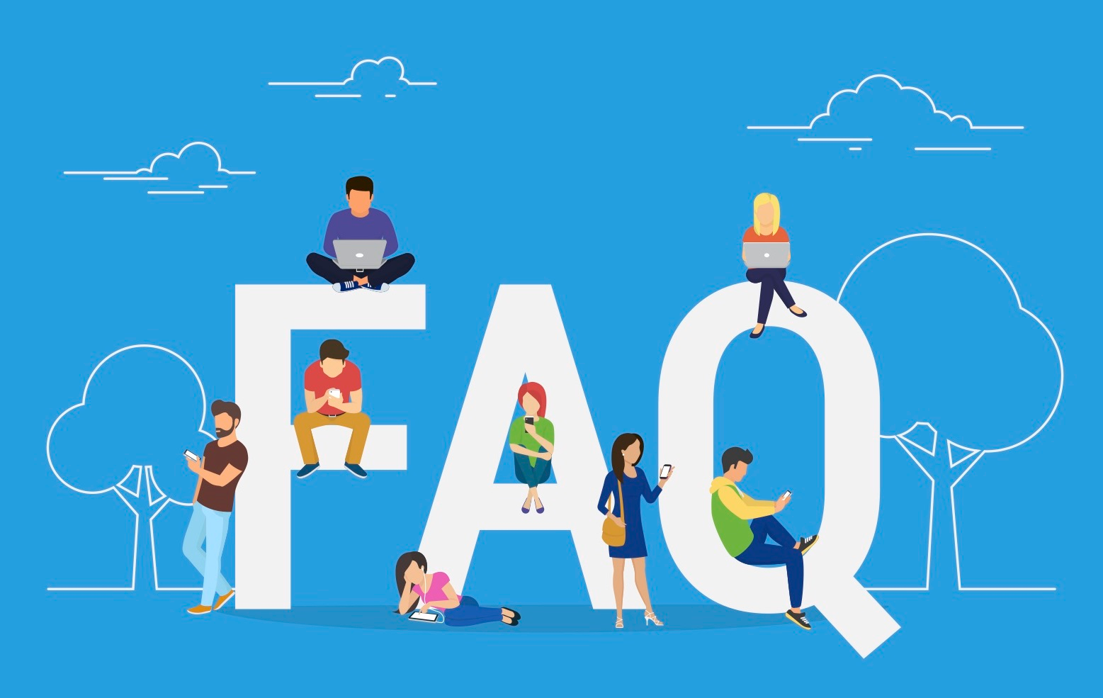 Drawing of a group of people sitting on the word "FAQ" with the word "FAQ" in the backdrop.