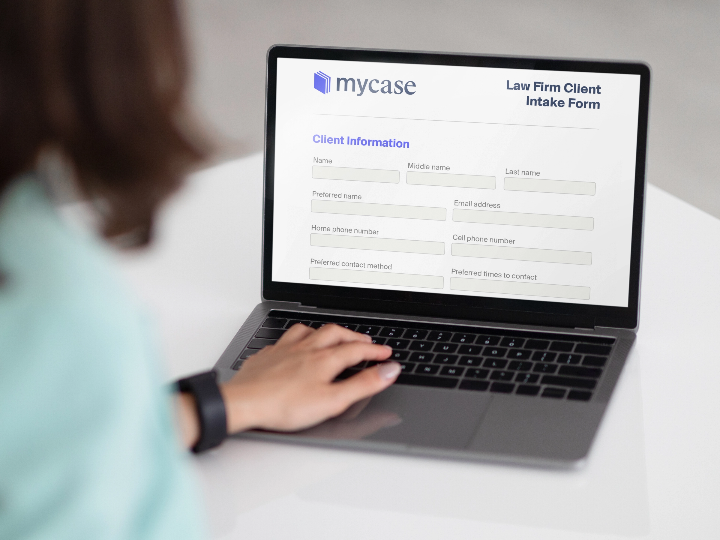 Lawyer using MyCase's law firm client intake form template