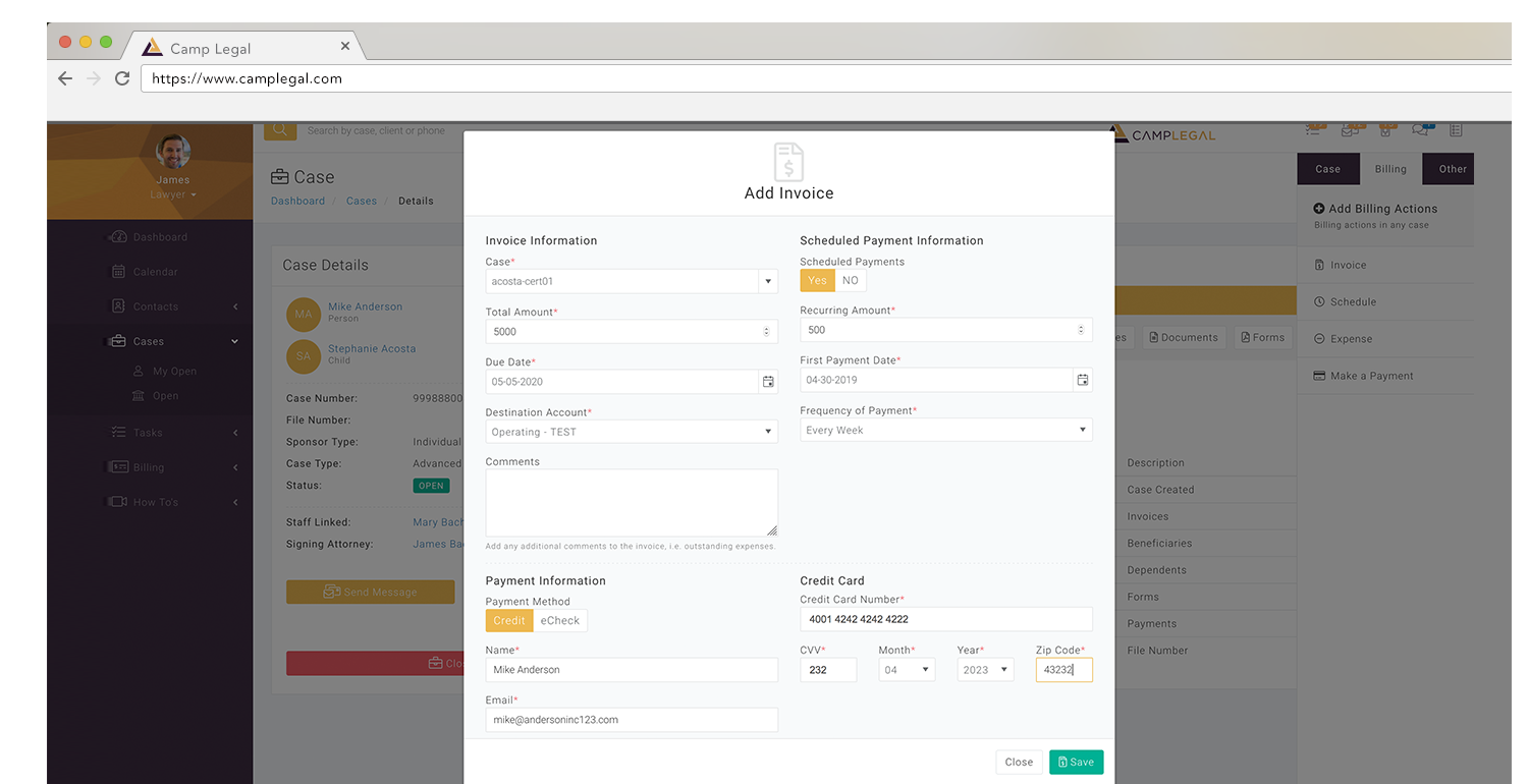 CampLegal invoice creation feature 