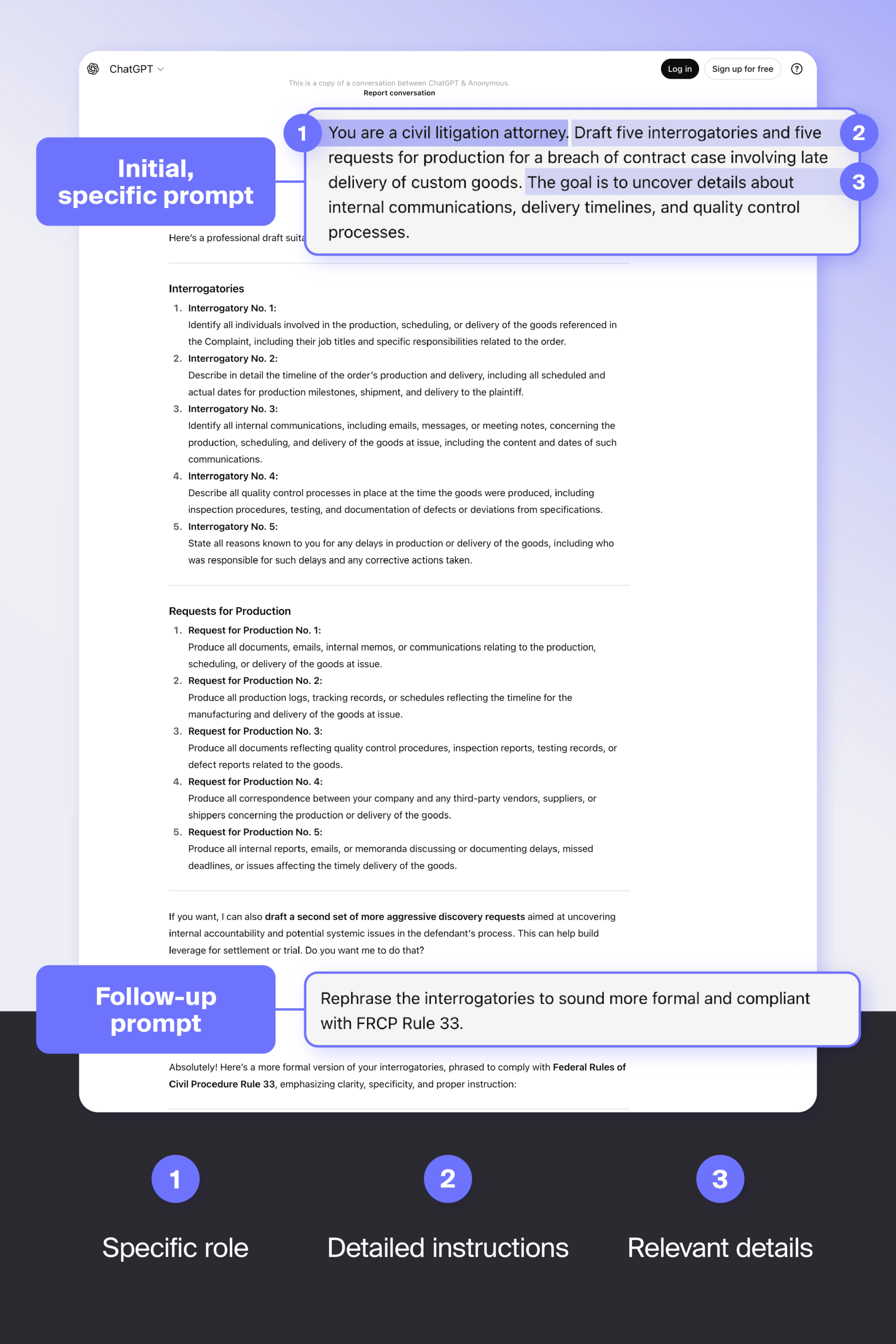 Annotated screenshot of a lawyer-specific prompt in ChatGPT