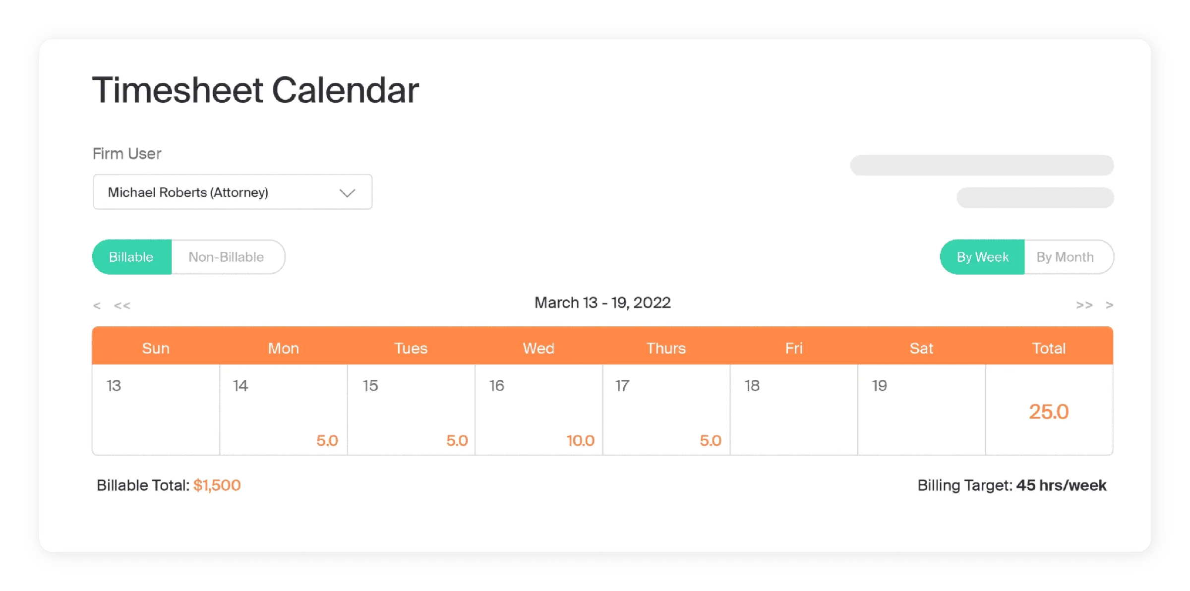 Screenshot of MyCase’s timesheet calendar