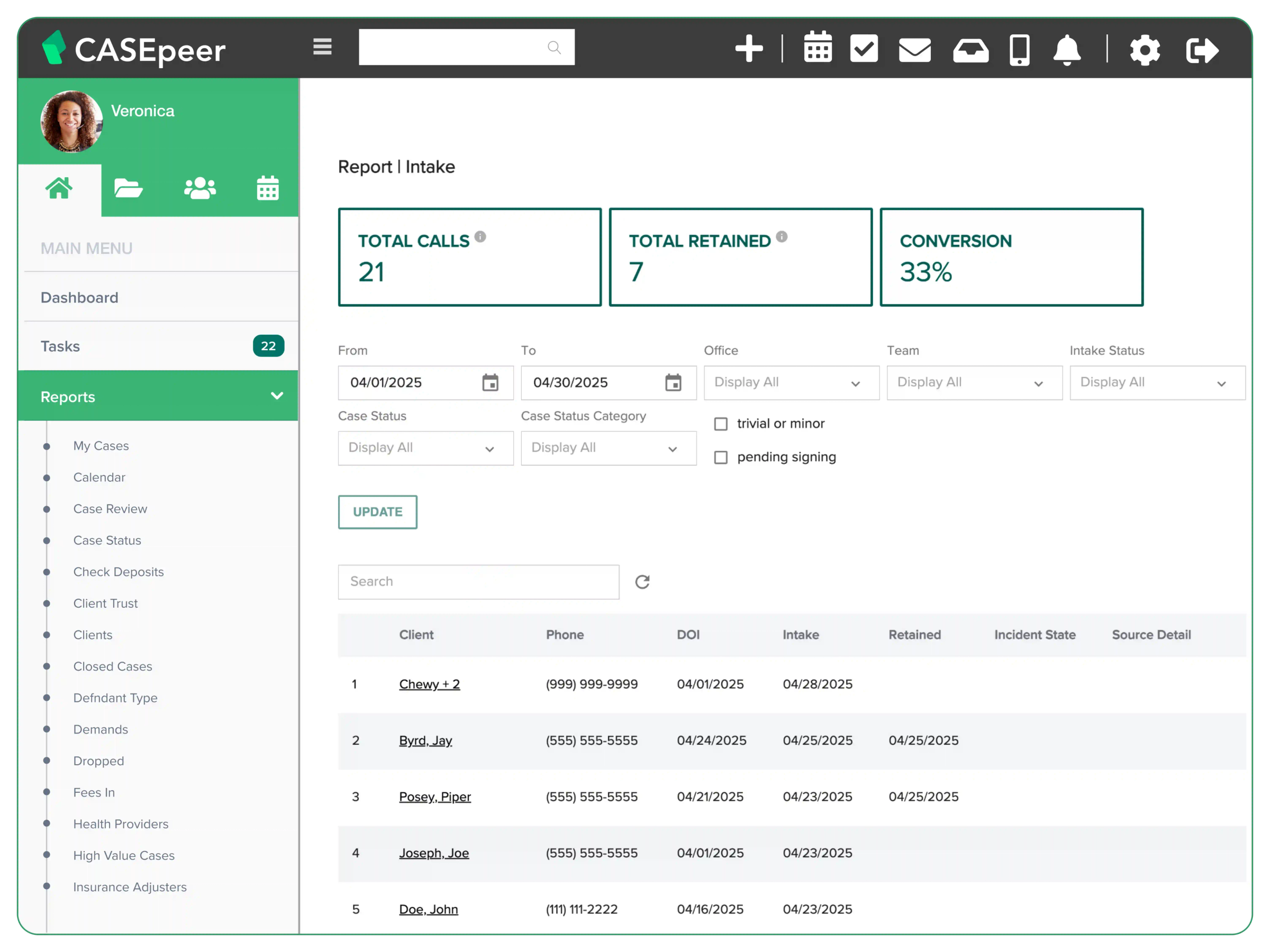 Product UI: Intake Reports