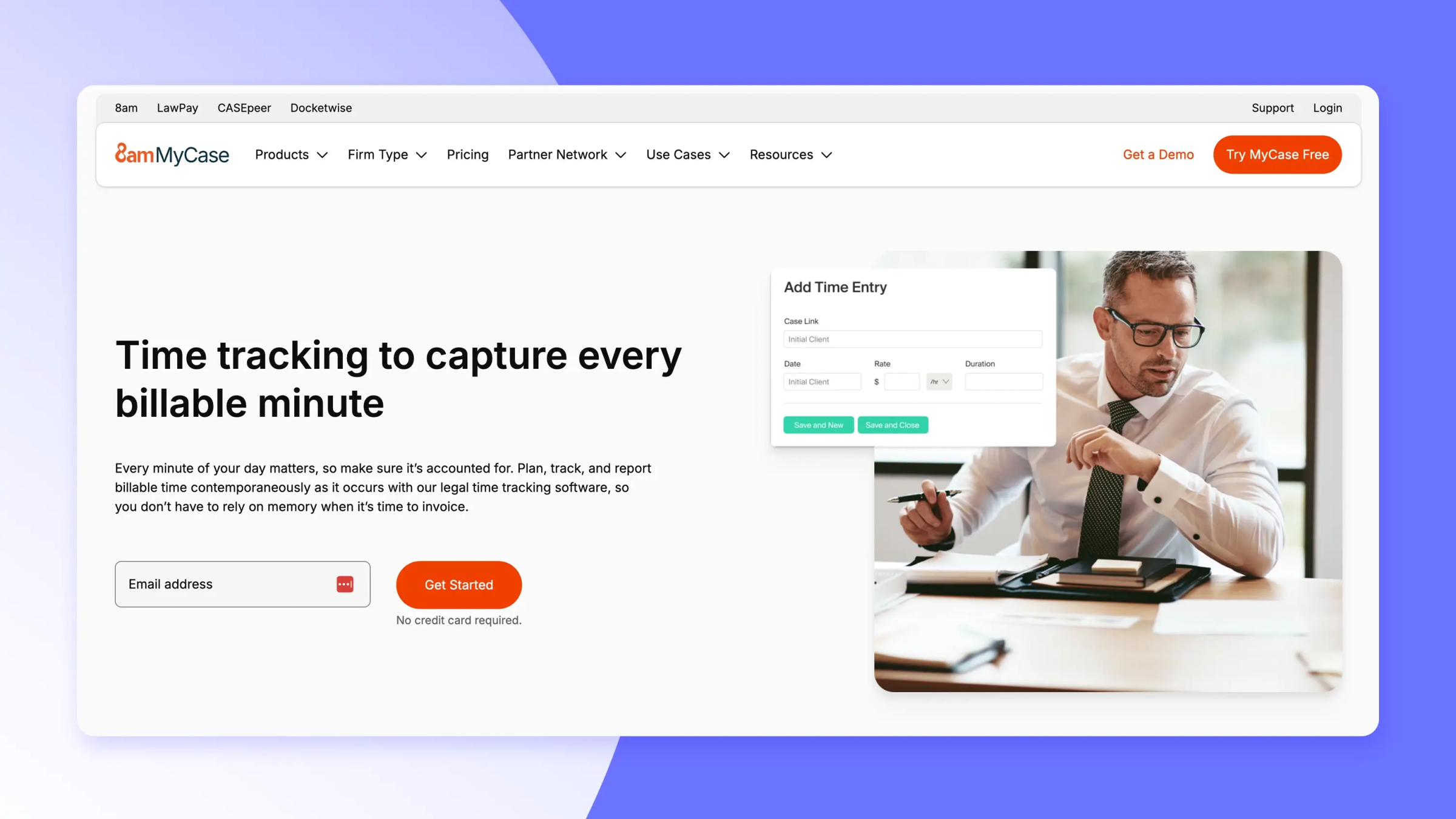 Screenshot of the MyCase time tracking software landing page