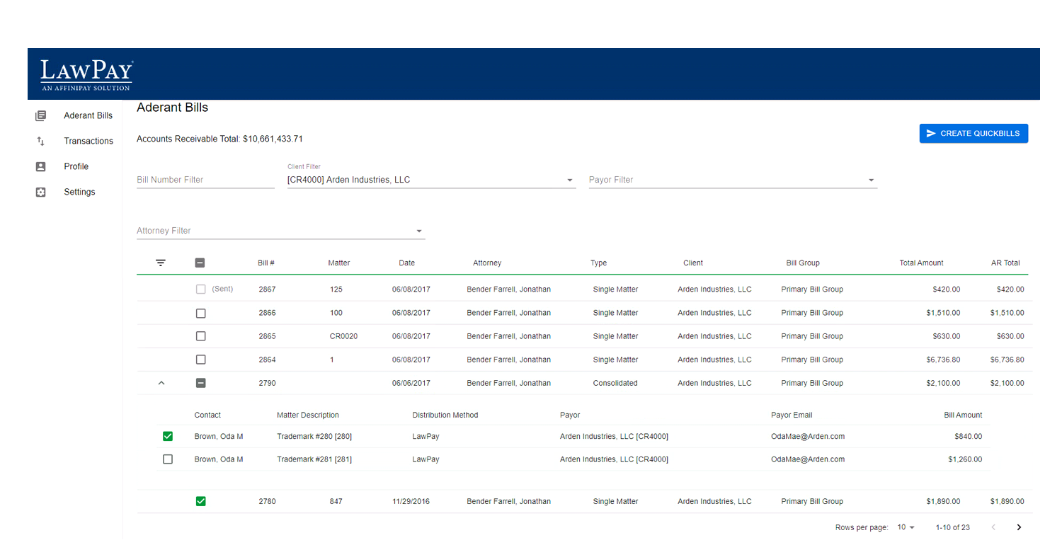 Aderant's legal time and billing dashboard