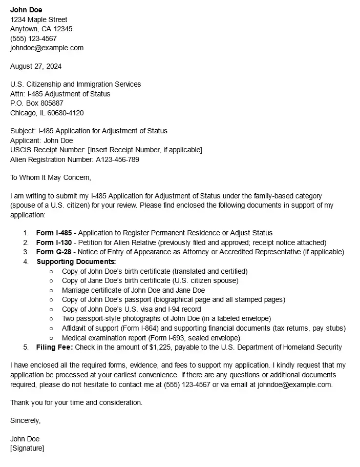 sample USCIS cover letter