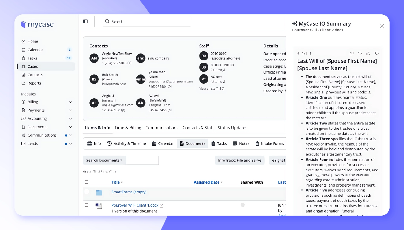 Screenshot of MyCase IQ