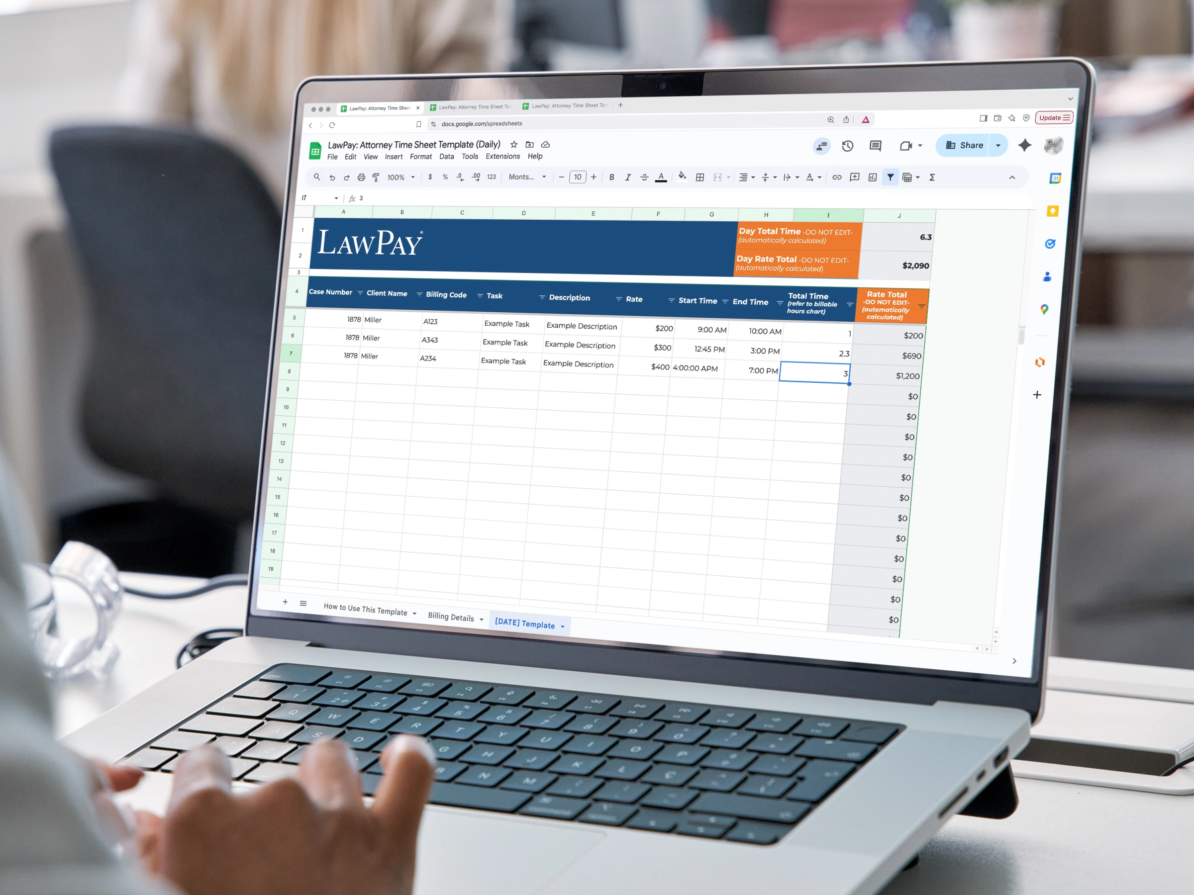 Mockup of the daily attorney time sheet template