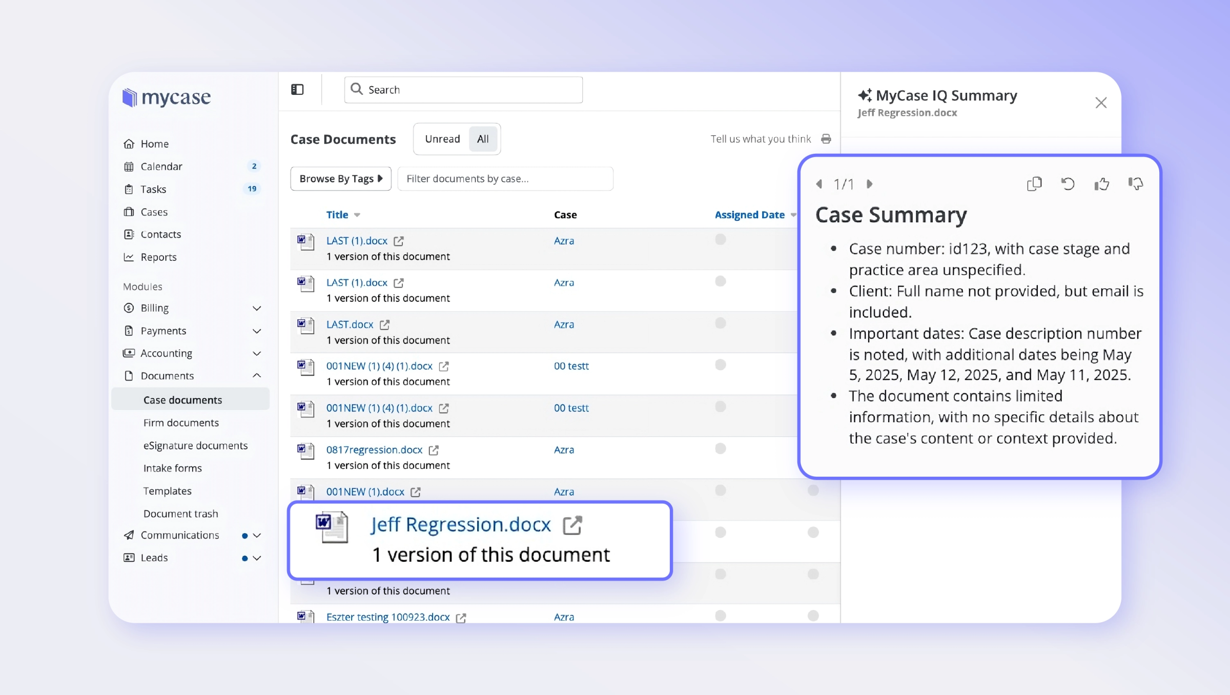 Annotated screenshot of MyCase IQ document summaries