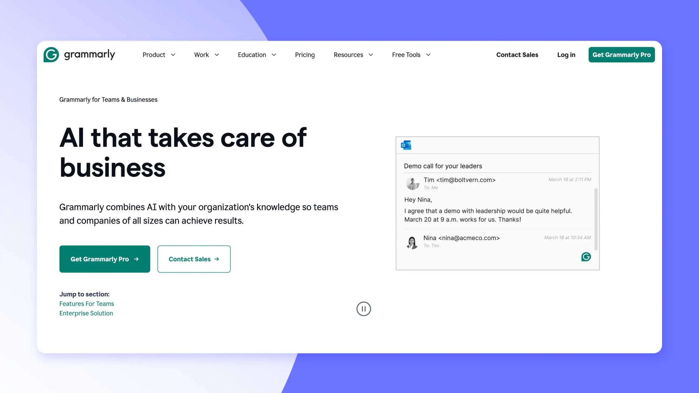 Screenshot of Grammarly for Business’s landing page