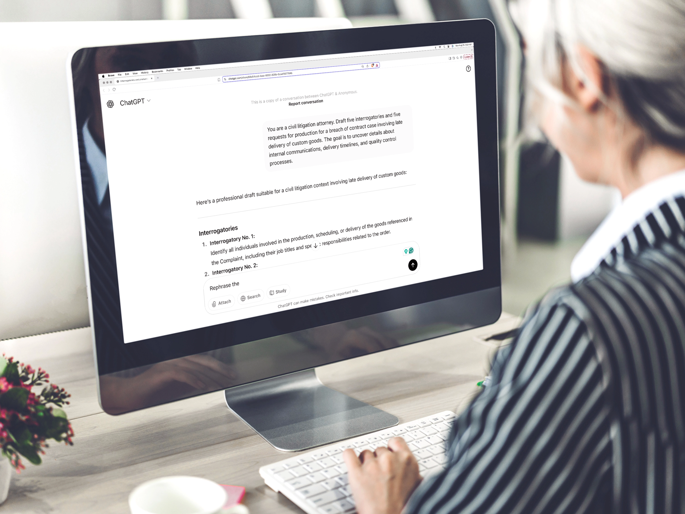 Graphic of a lawyer at a computer using ChatGPT