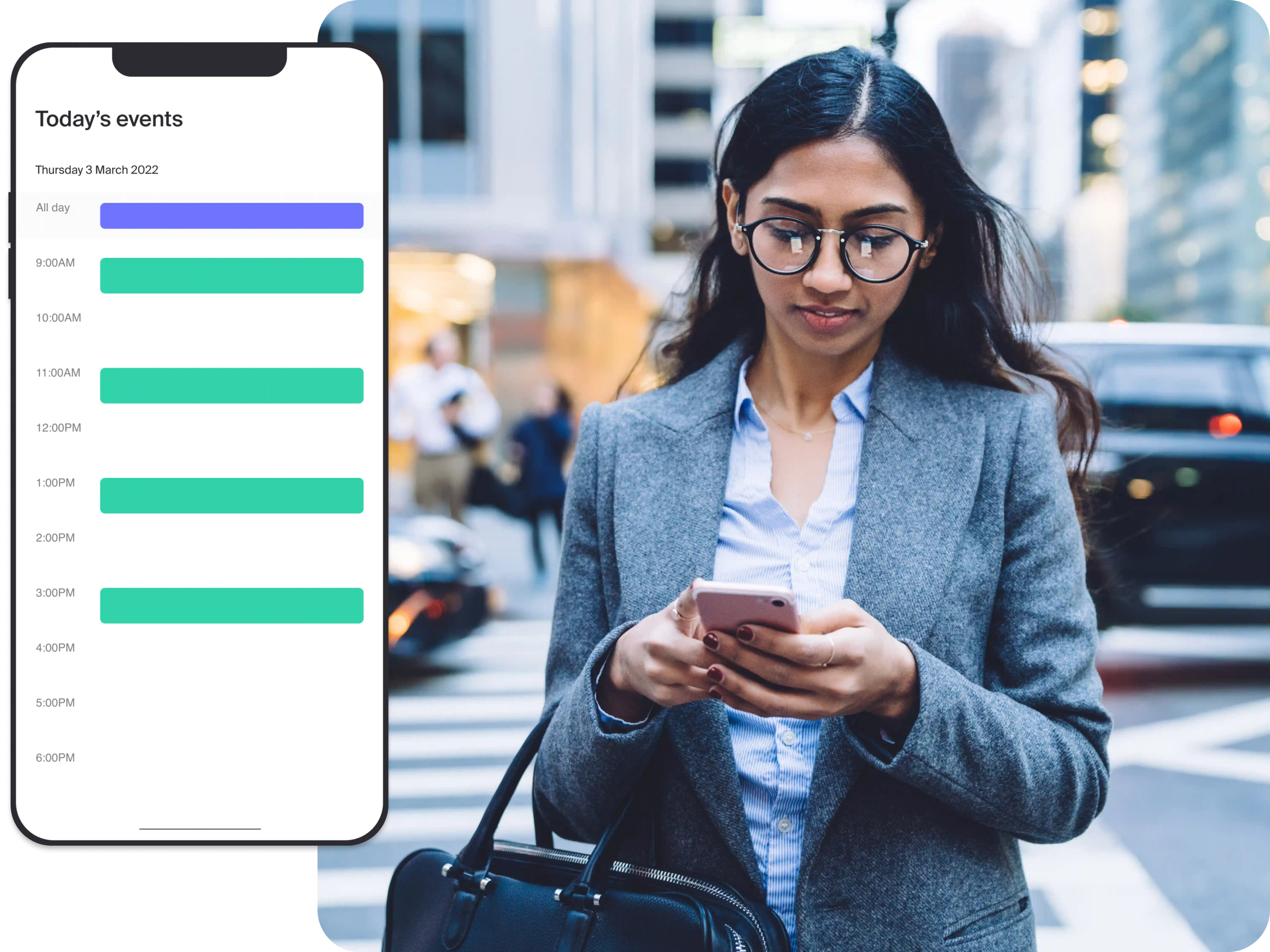 Professional woman walking the streets looking at MyCase’s calendaring software on her phone