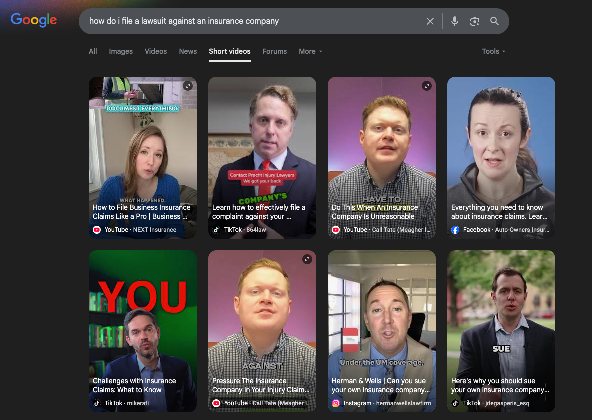 A Google video search for "How do I file a lawsuit against an insurance company?" shows results from Youtube, Tiktok, Facebook, and Instagram