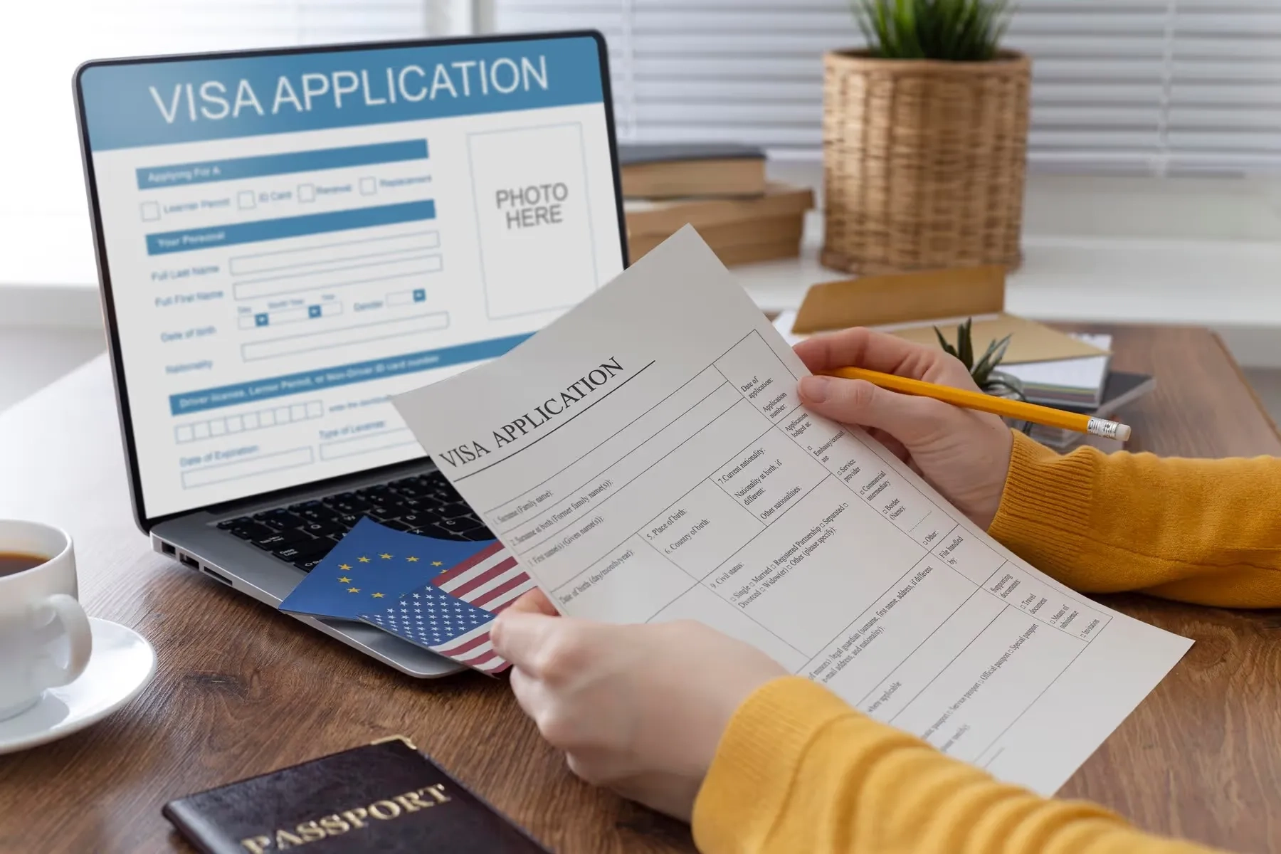 Visa application in front of computer