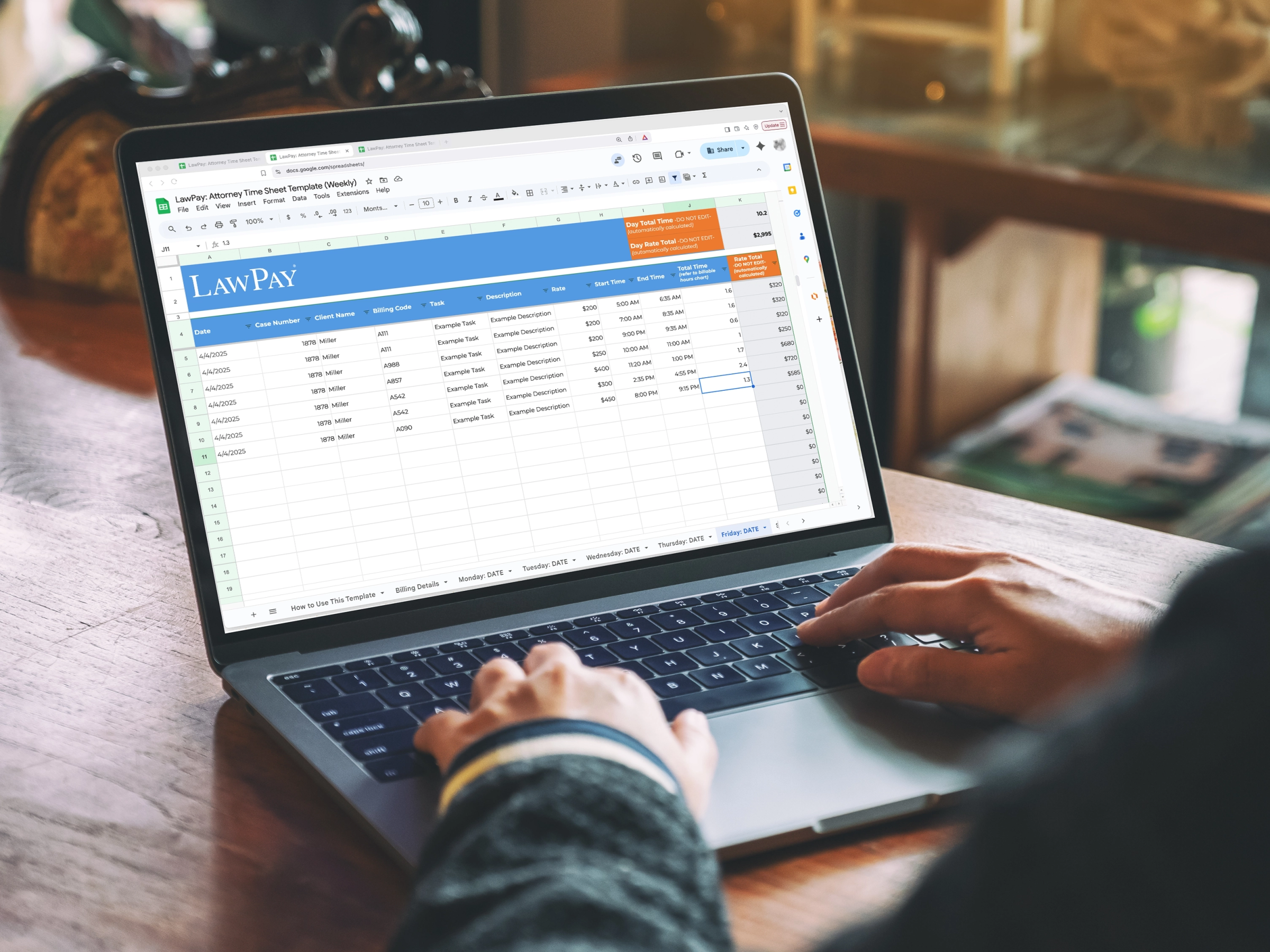 Mockup of the weekly attorney time sheet template