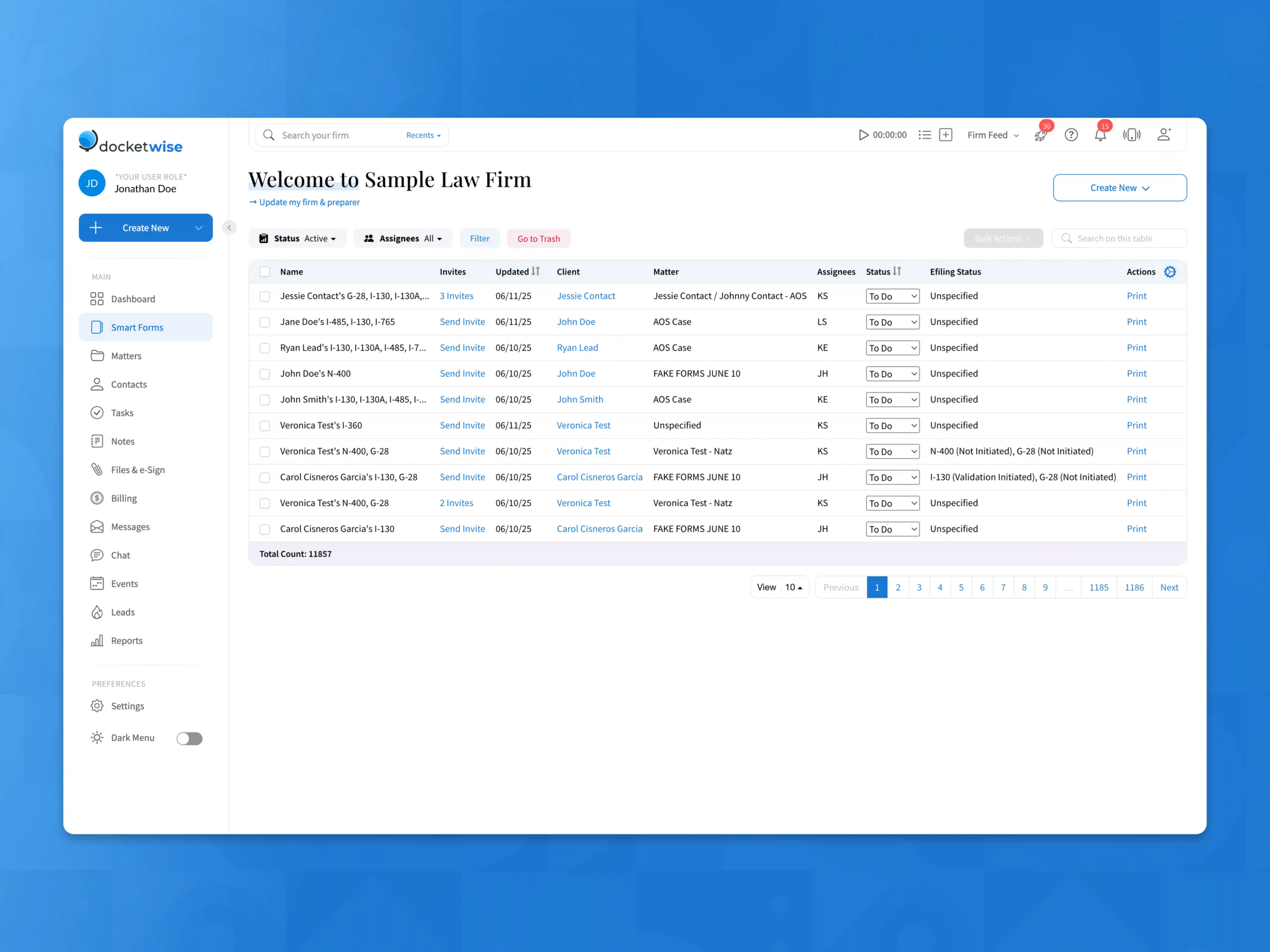 Screenshot of Docketwise immigration software dashboard