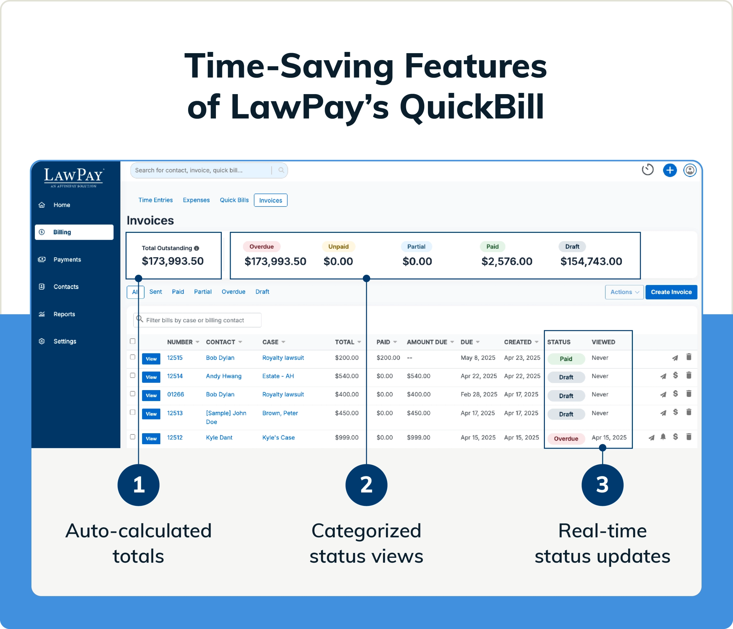 Annotated screenshot of LawPay’s Quickbill feature