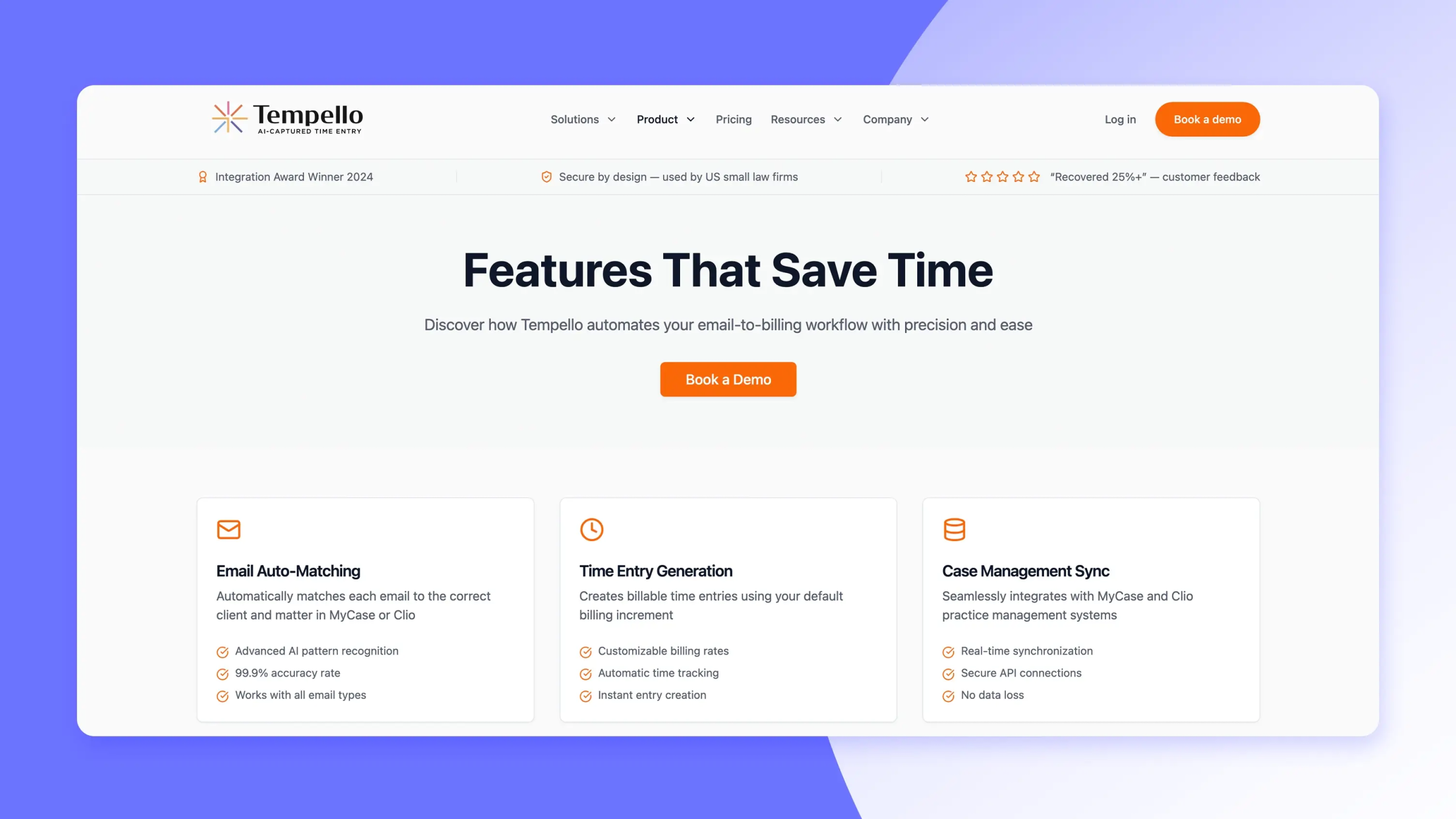 Screenshot of Tempello features page
