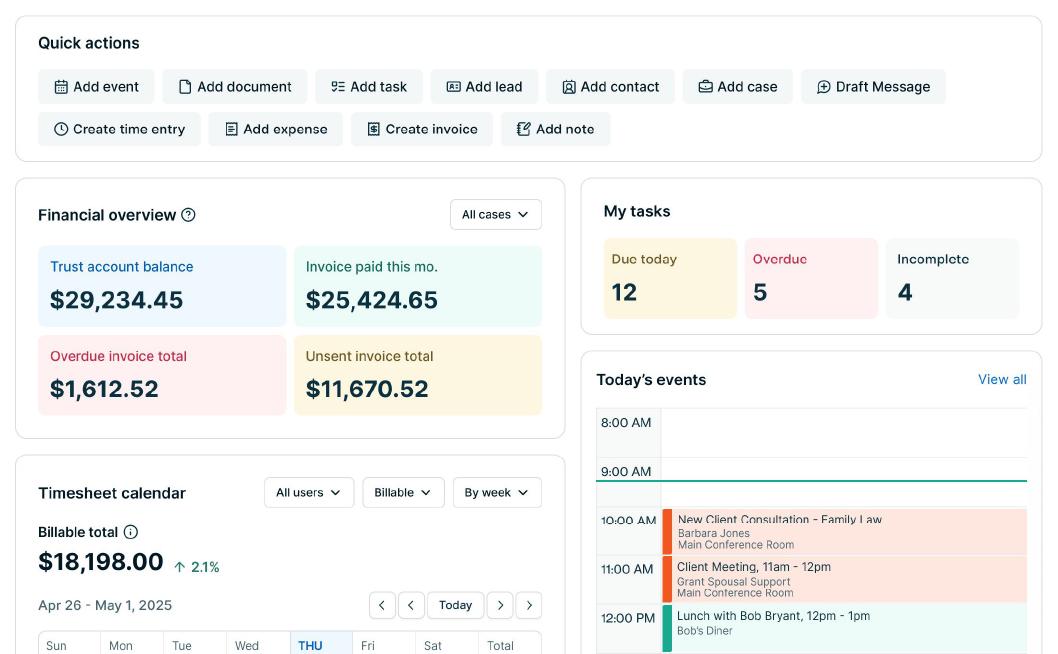 MyCase dashboard with Quick Actions, Financial Overview, My tasks, Timesheet calendar, and Today's events