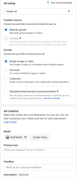 Now, it’s time to assemble your attorney Facebook ad content. Choose your desired image formatting and insert your primary text, headline, and description. Try to keep your text brief and catchy for the best results. 