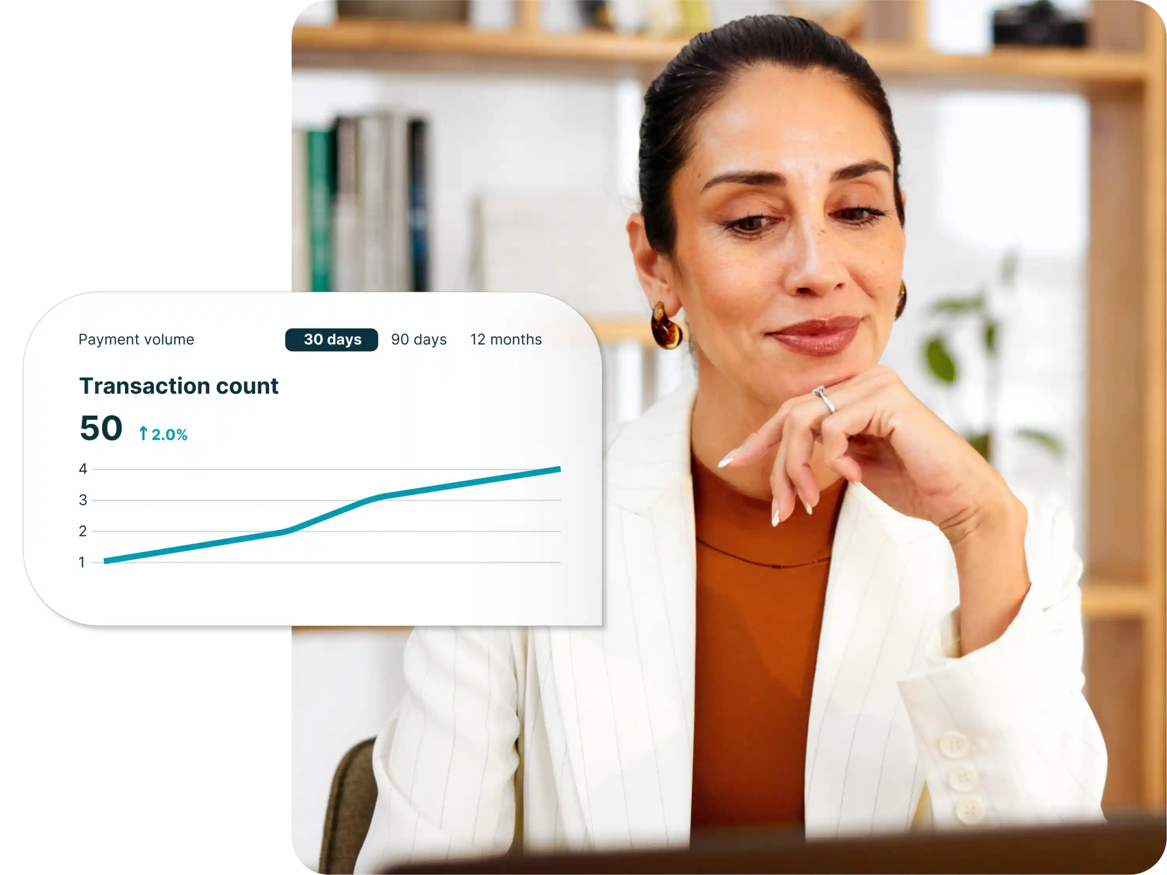 A woman checks the transaction count from the previous 30 days