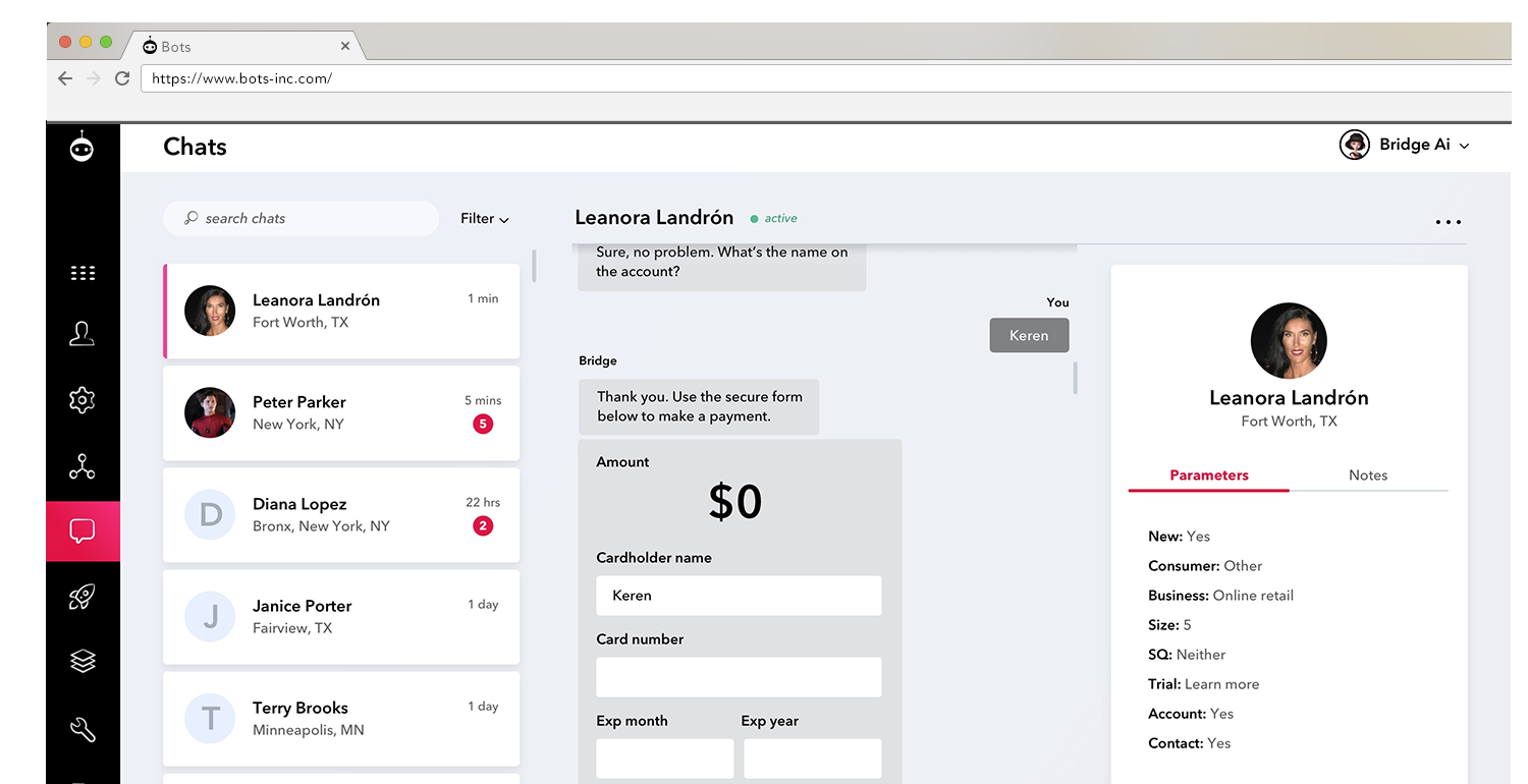 BOTS full-service chatbot dashboard