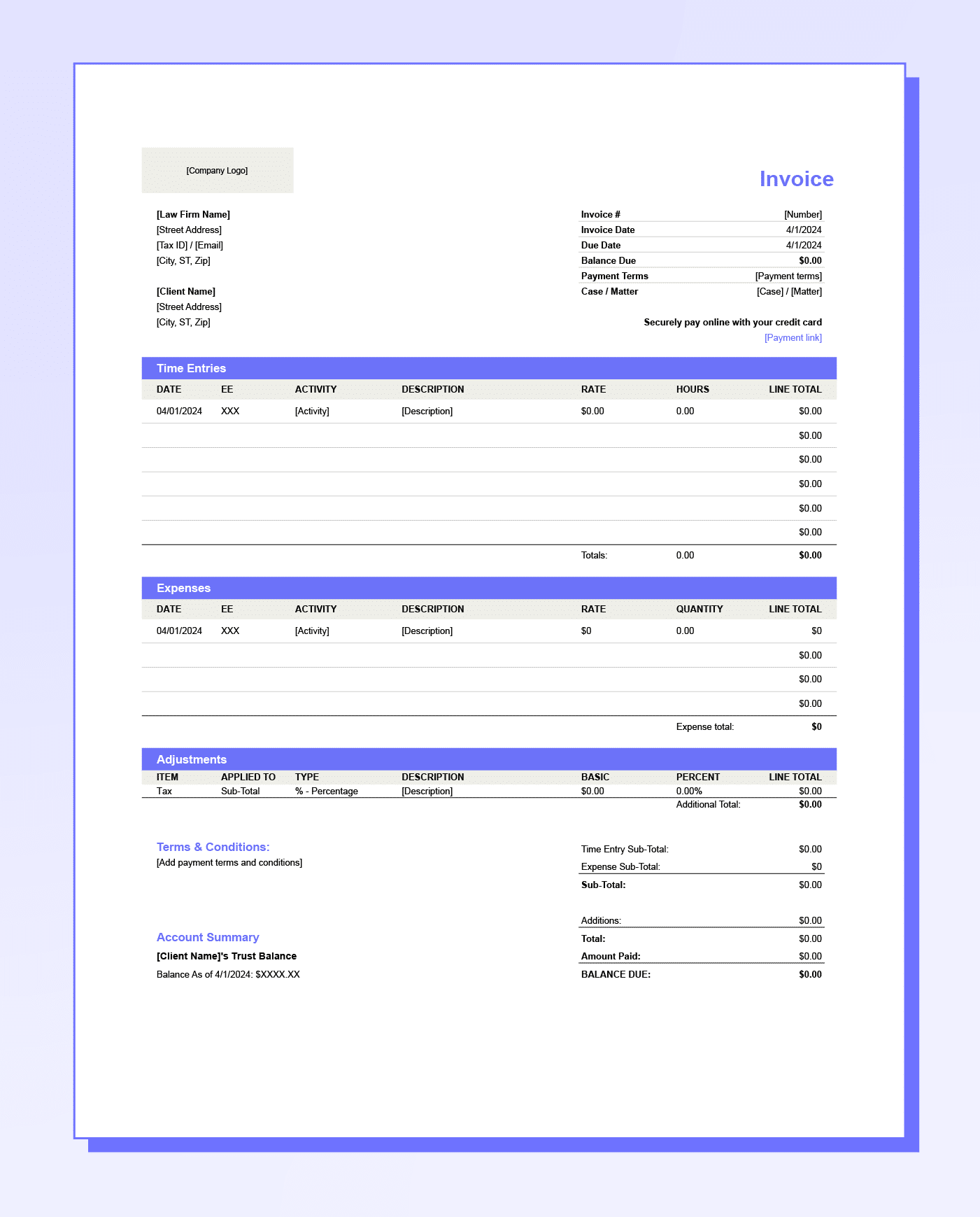 Mockup of a legal invoice template for billable hours