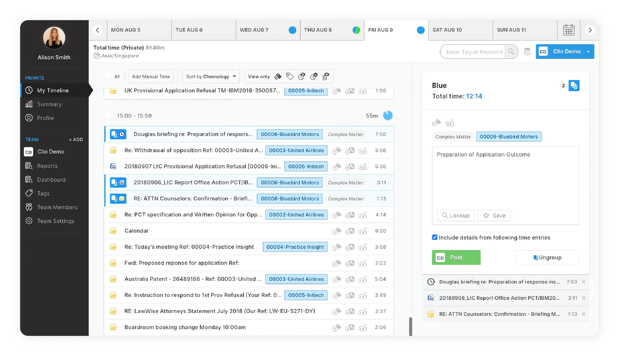 Screenshot of WiseTime’s time tracking page