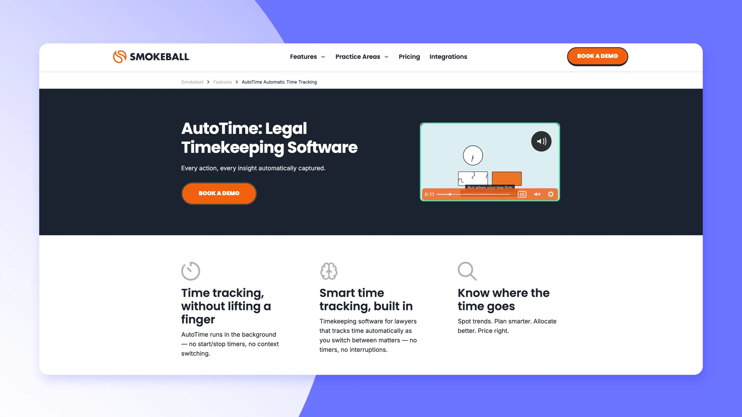 Screenshot of Smokeball AutoTime Automatic time tracking page