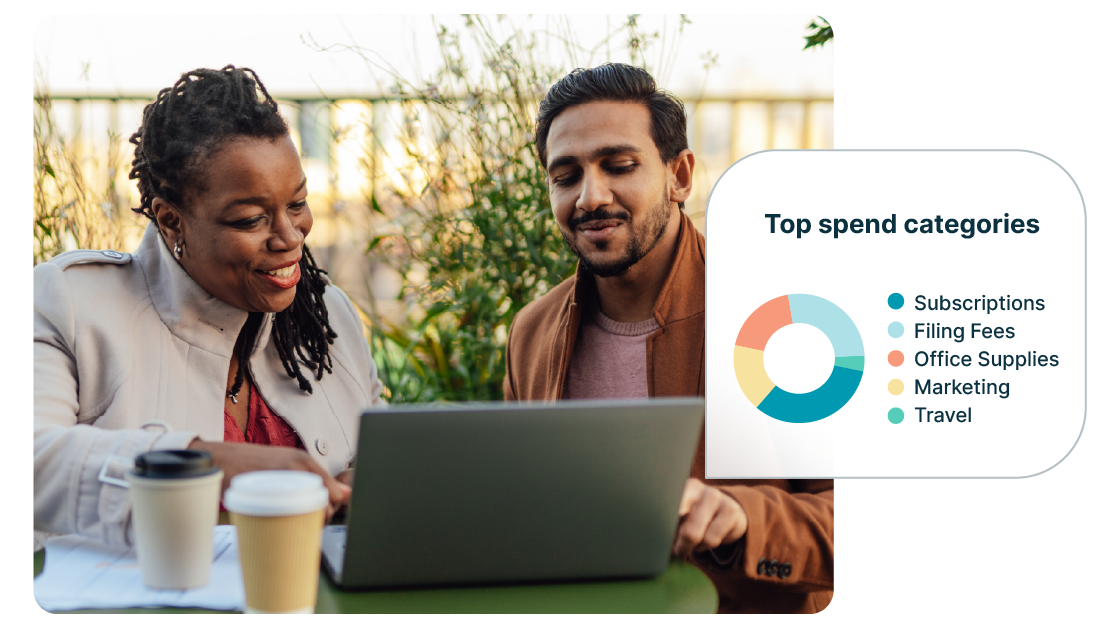 Two coworkers look at their top spend categories