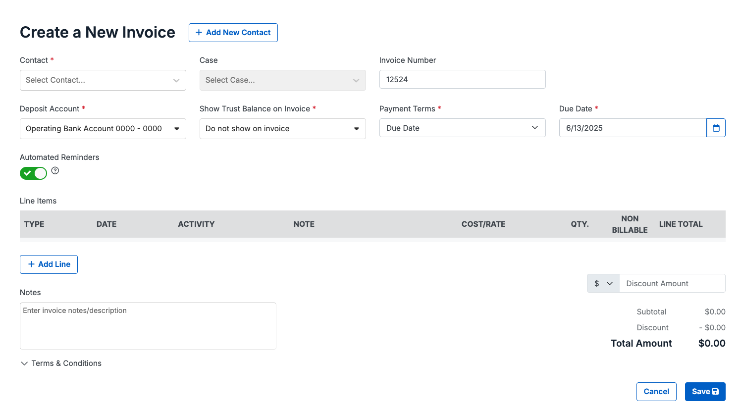 Screenshot of legal invoice template available from LawPay software