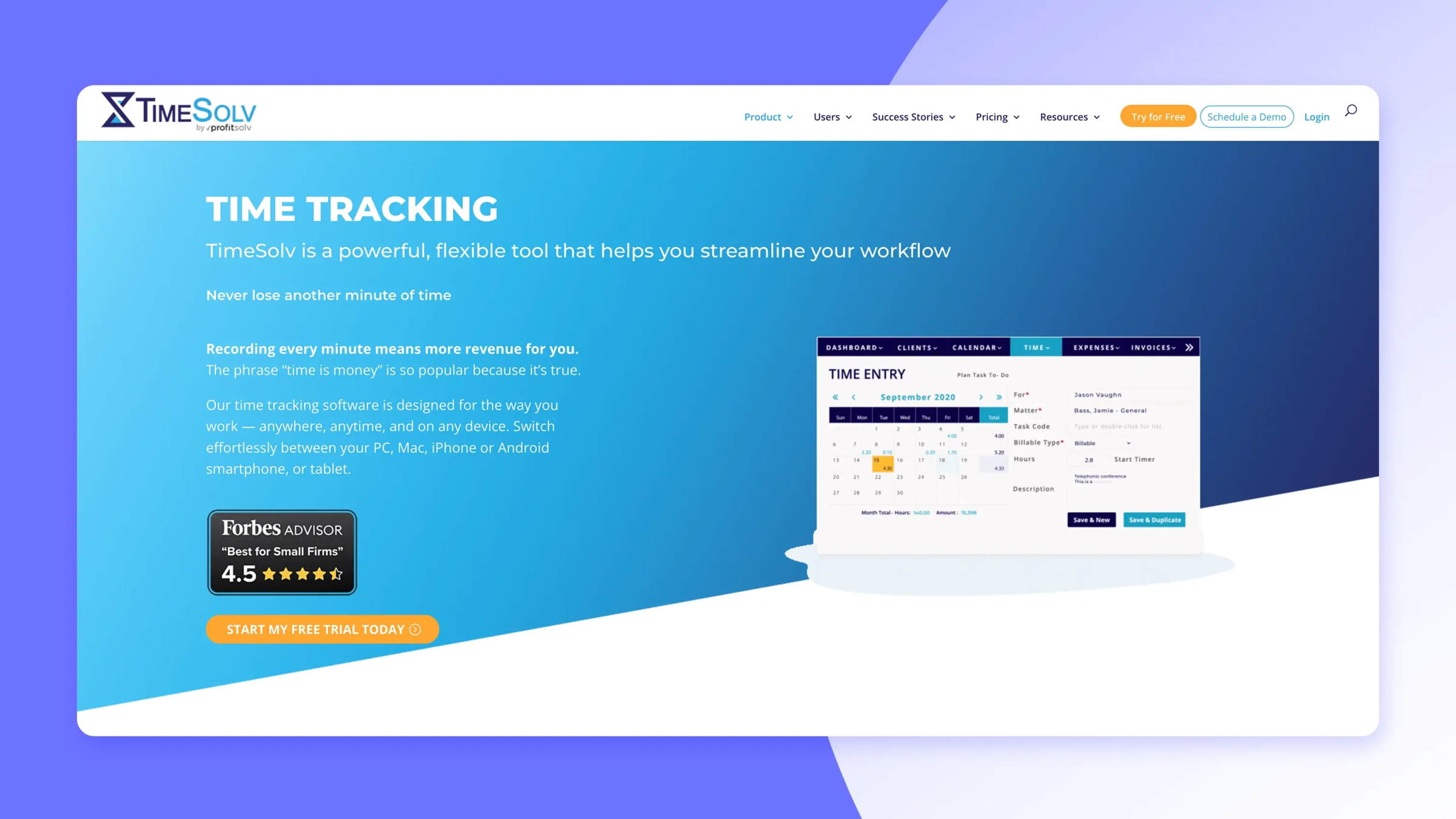 Screenshot of Timesolv product page