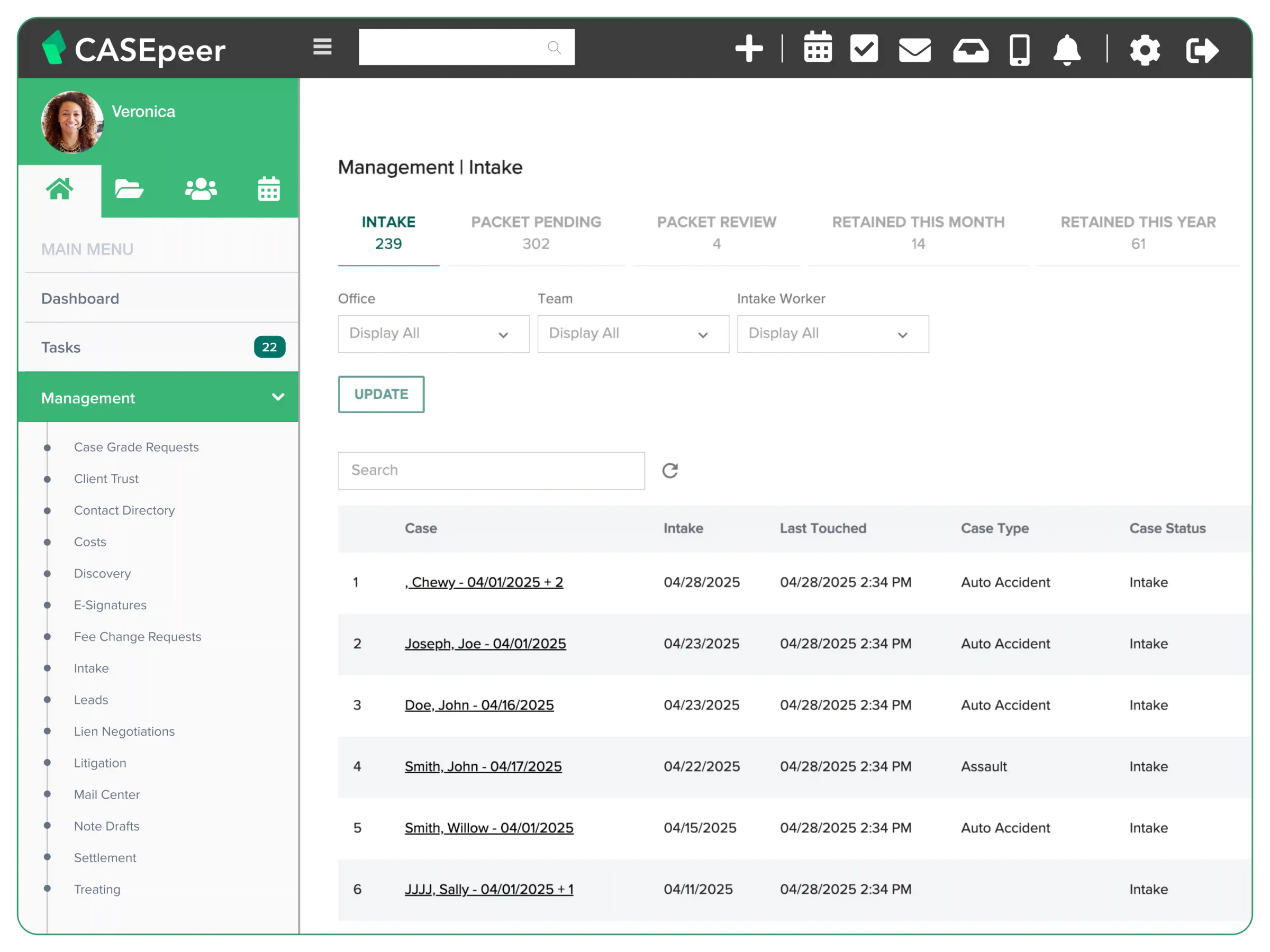 CASEpeer Client Intake Management Screen