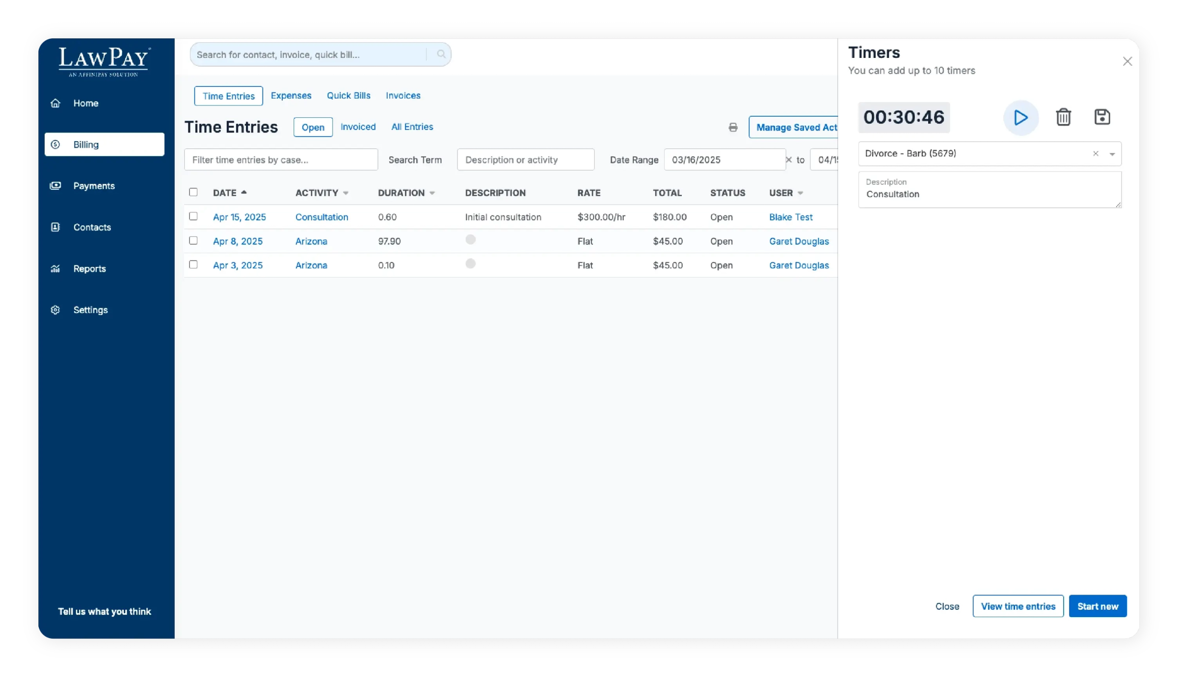 Screenshot of LawPay’s time tracking page
