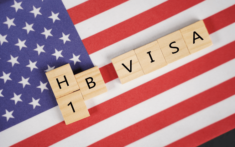 H1B visa logo with American flag in background, symbolizing work visa for US companies hiring foreign workers.