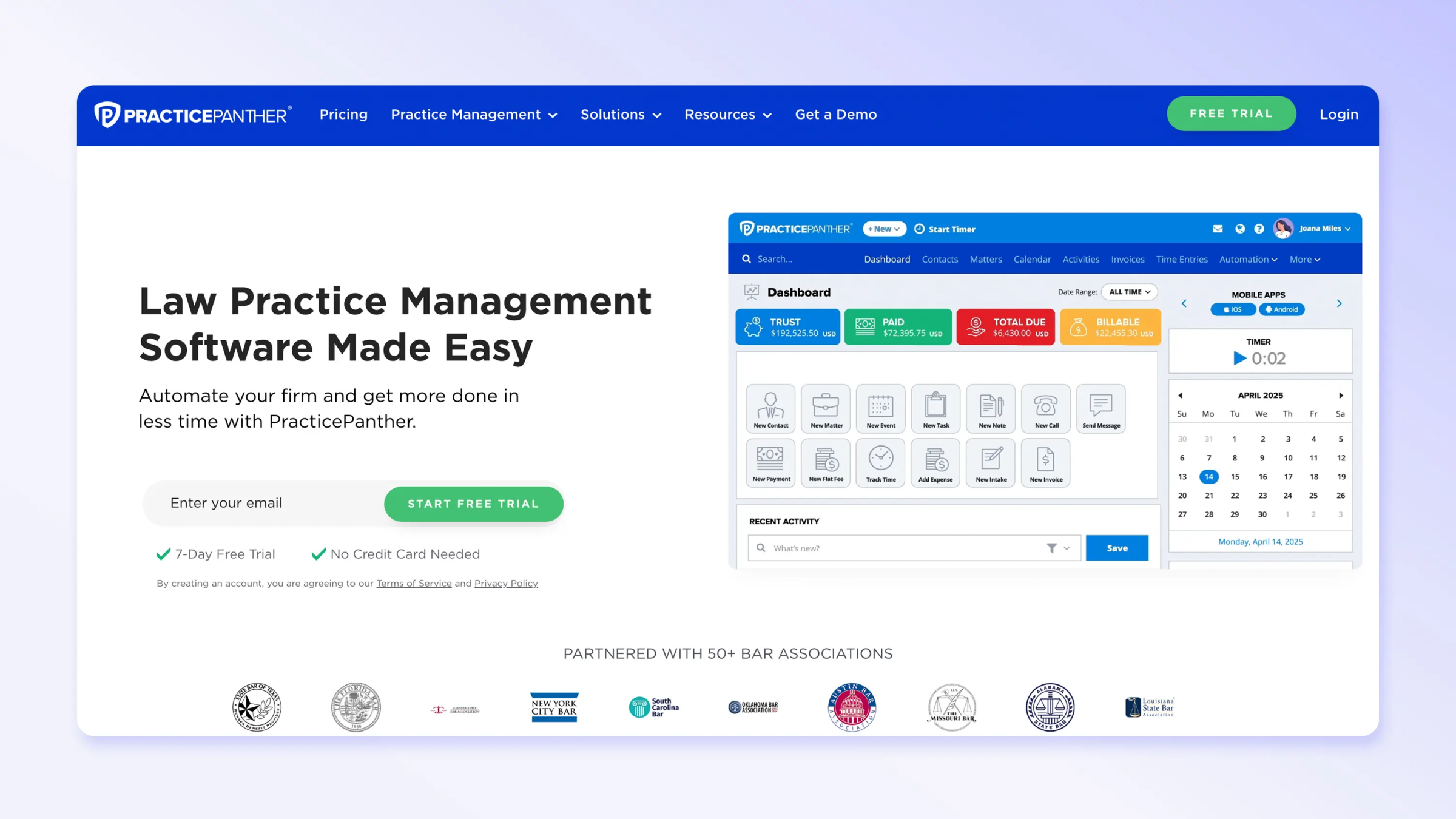 Screenshot of the Practice Panther website homepage