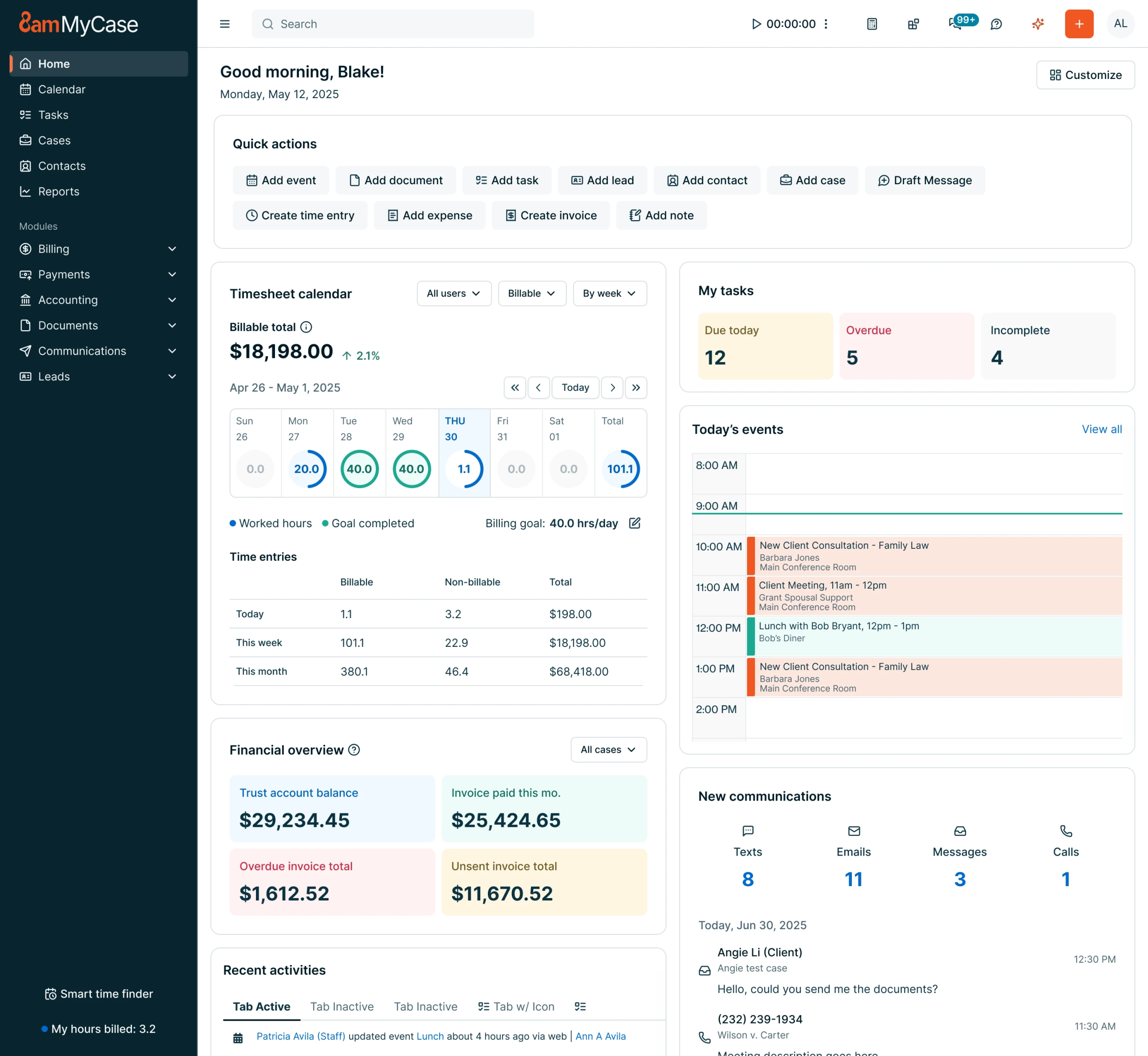 Screenshot of MyCase software