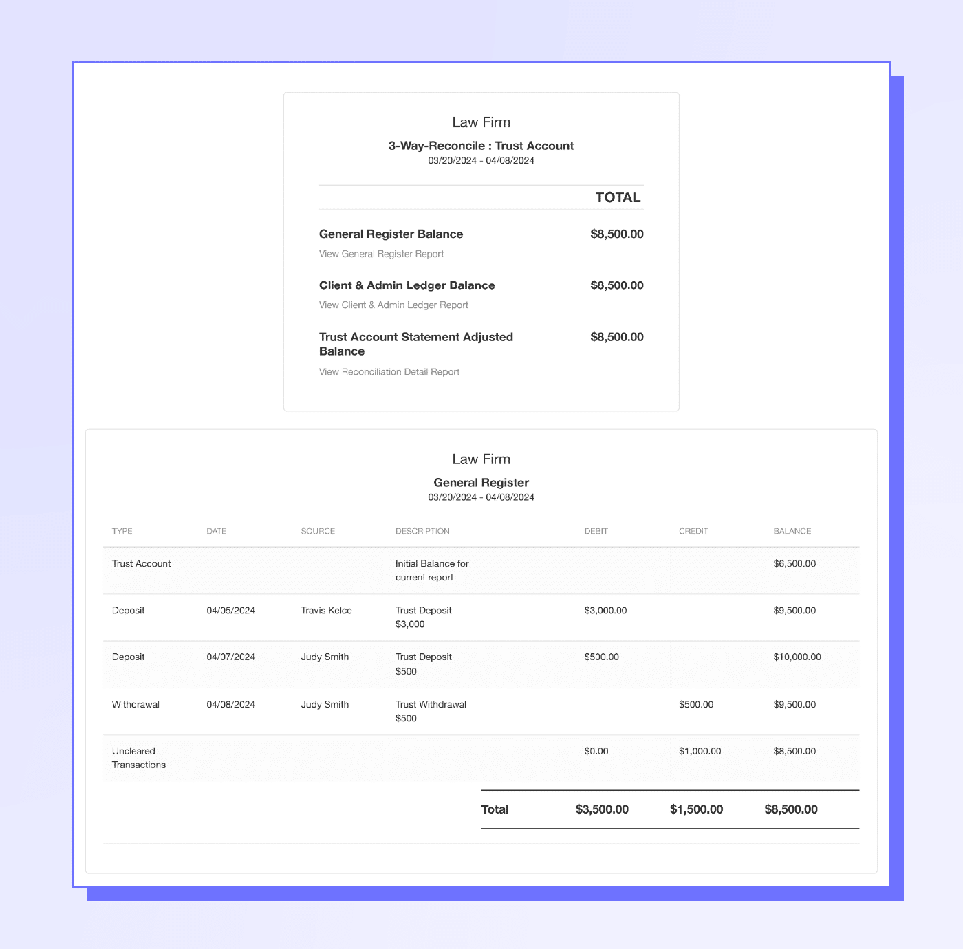 sample of a trust account reconciliation report from MyCase