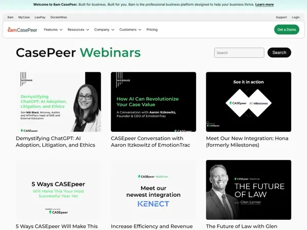 CasePeer webinars landing page