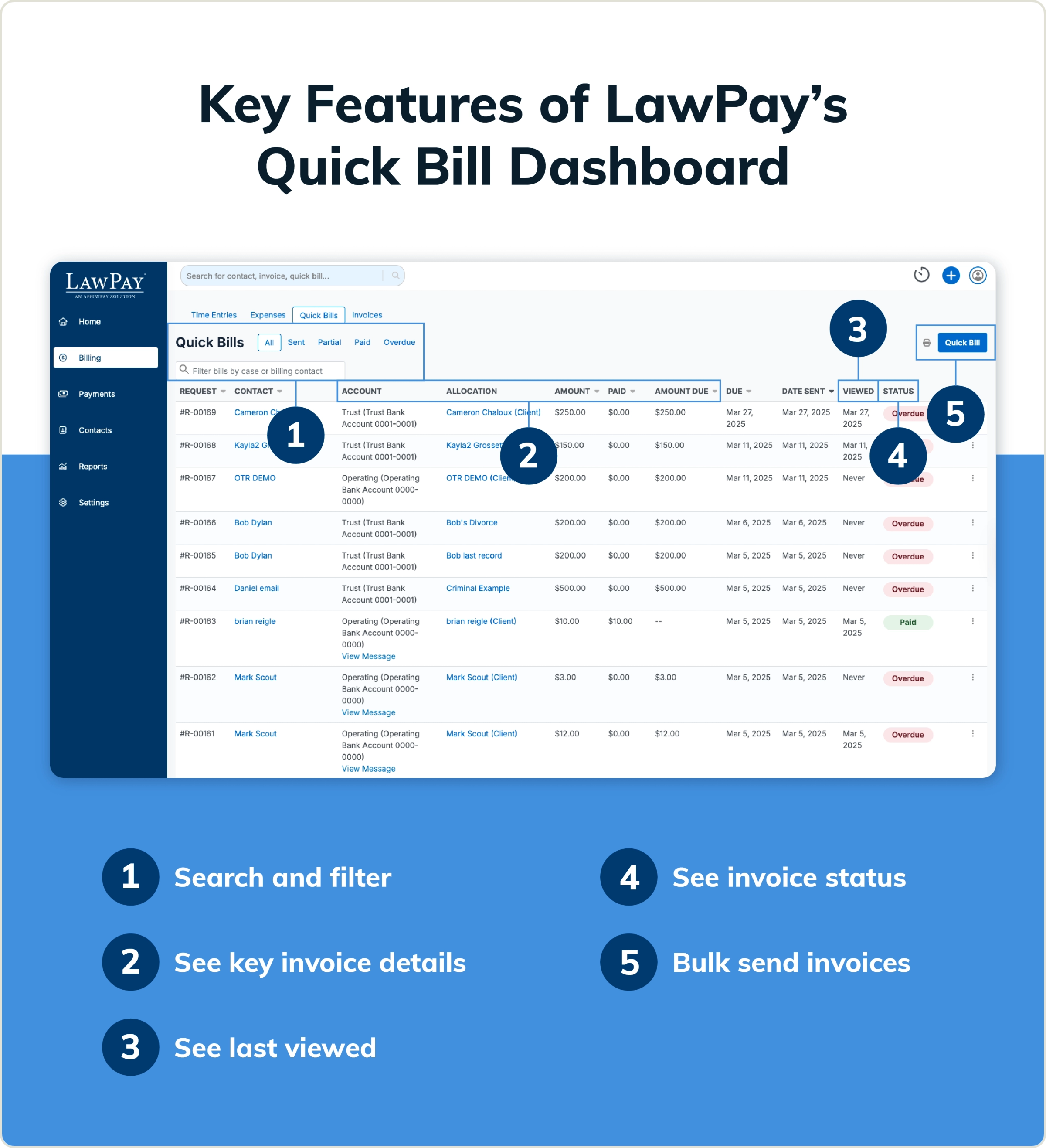 Annotated screenshot of LawPay’s QuickBill feature