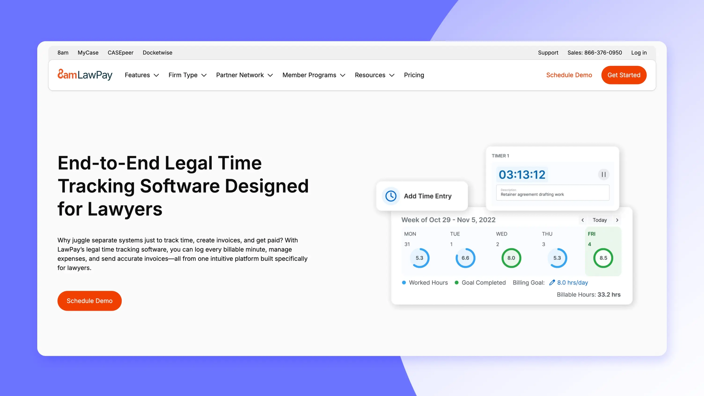 Screenshot of LawPay’s time tracking software page