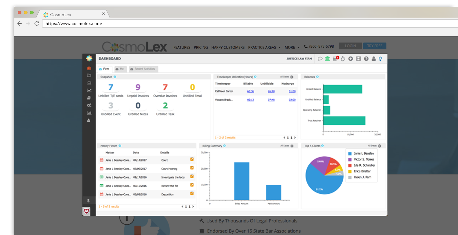 CosmoLex offers cloud-based time tracking, billing, business accounting, trust (IOLTA) accounting, calendaring, and task/document management functionality. 
