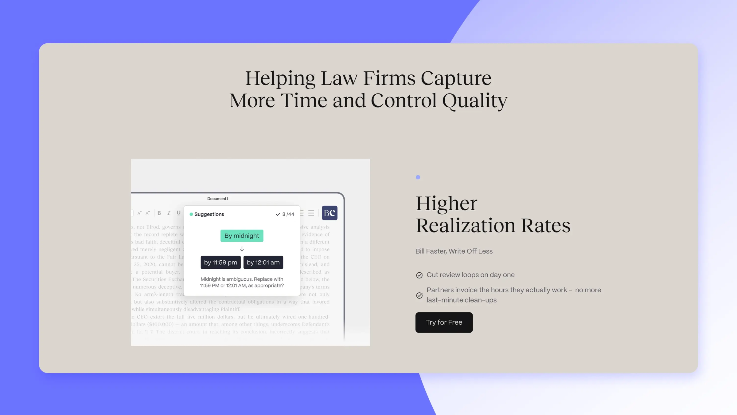 Screenshot of BriefCatch’s law firms solutions page